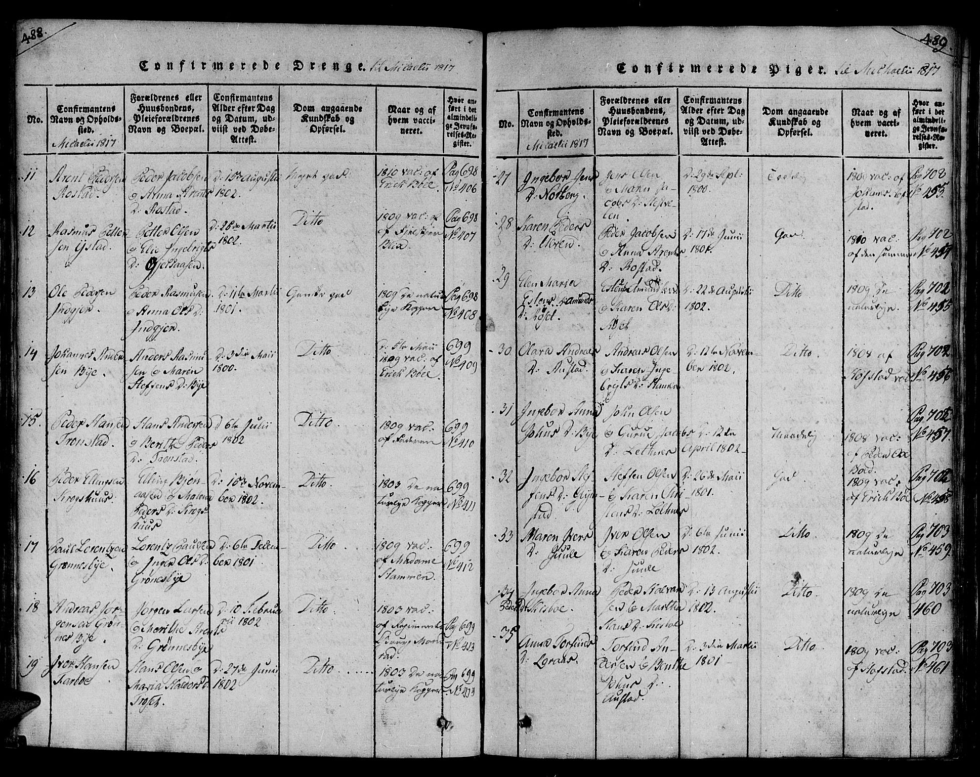 Ministerialprotokoller, klokkerbøker og fødselsregistre - Nord-Trøndelag, SAT/A-1458/730/L0275: Parish register (official) no. 730A04, 1816-1822, p. 488-489