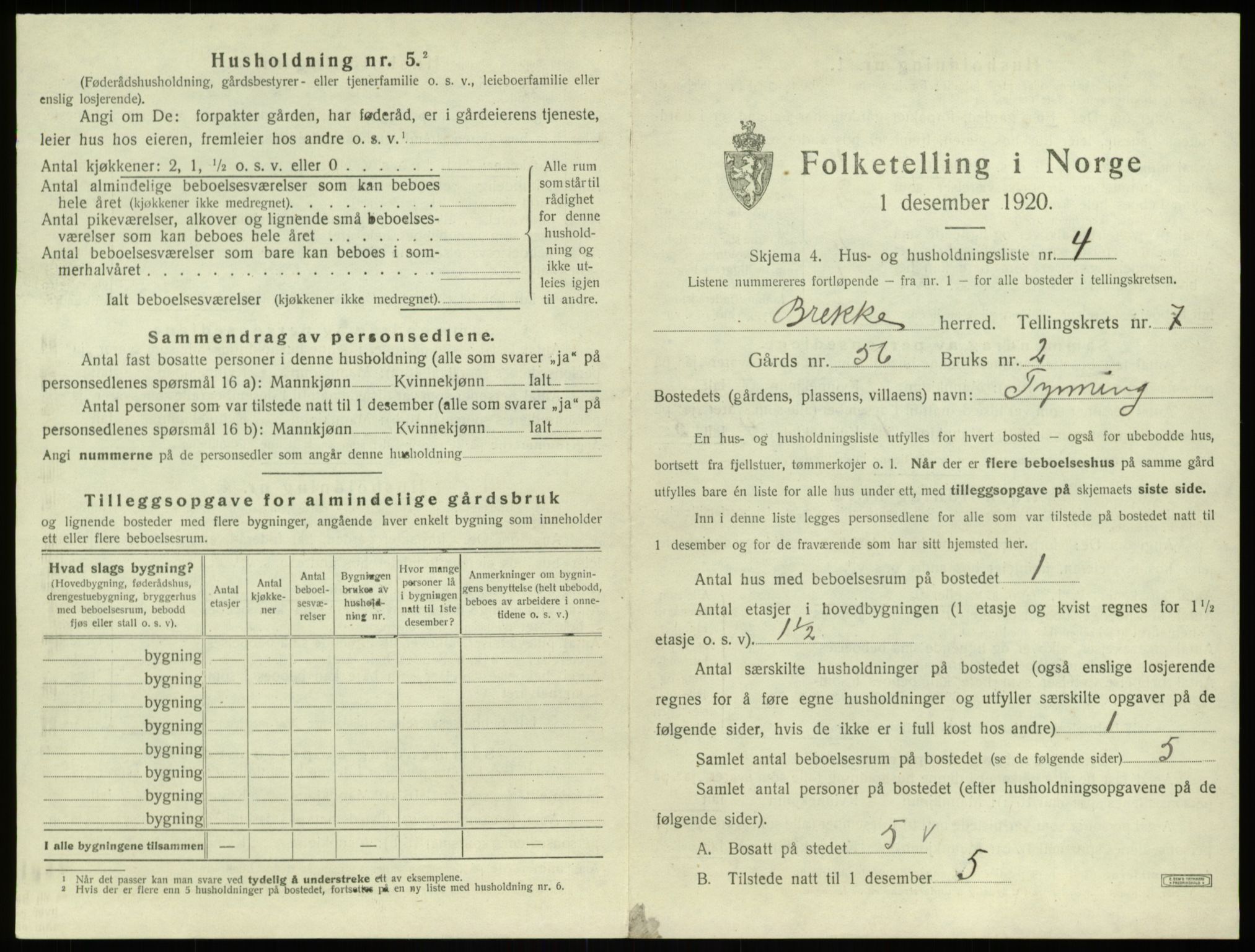 SAB, 1920 census for Brekke, 1920, p. 205