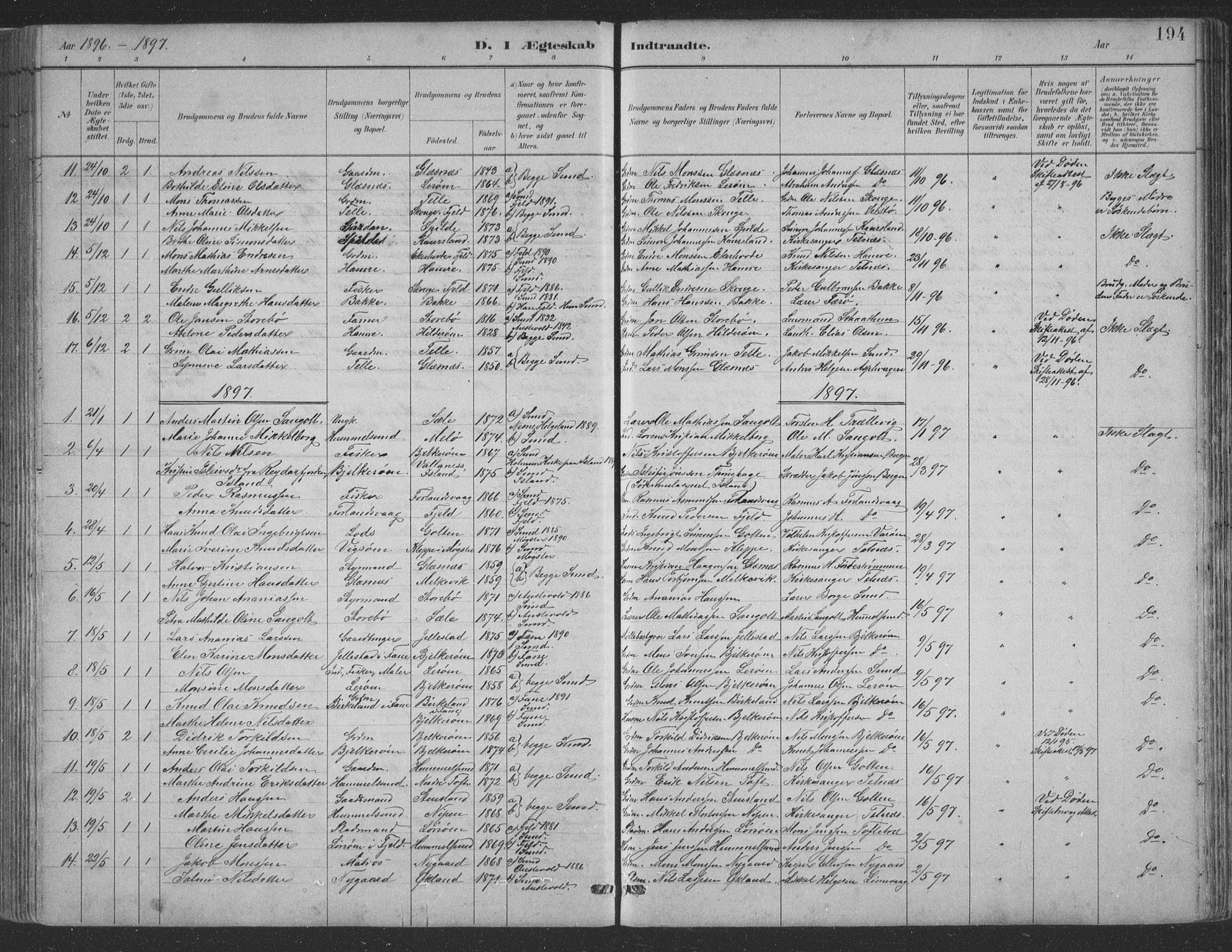 Sund sokneprestembete, SAB/A-99930: Parish register (copy) no. B 3, 1882-1911, p. 194