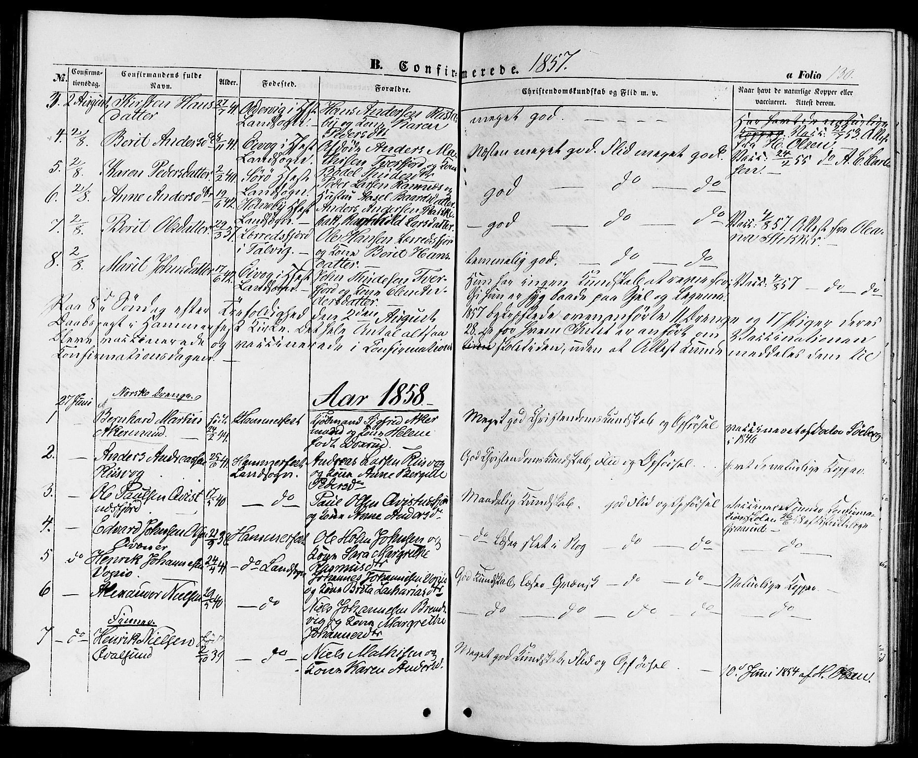 Hammerfest sokneprestkontor, SATØ/S-1347/H/Hb/L0002.klokk: Parish register (copy) no. 2, 1851-1861, p. 130