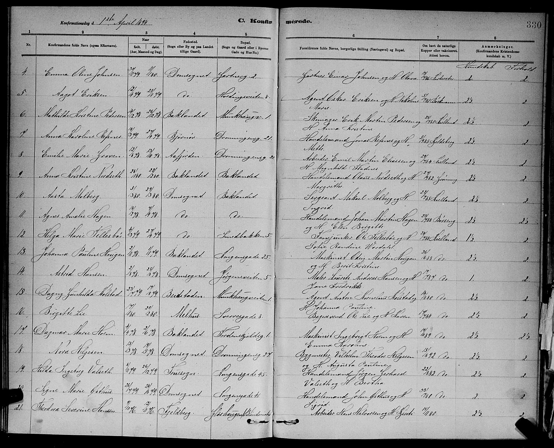 Ministerialprotokoller, klokkerbøker og fødselsregistre - Sør-Trøndelag, AV/SAT-A-1456/601/L0092: Parish register (copy) no. 601C10, 1884-1897, p. 330