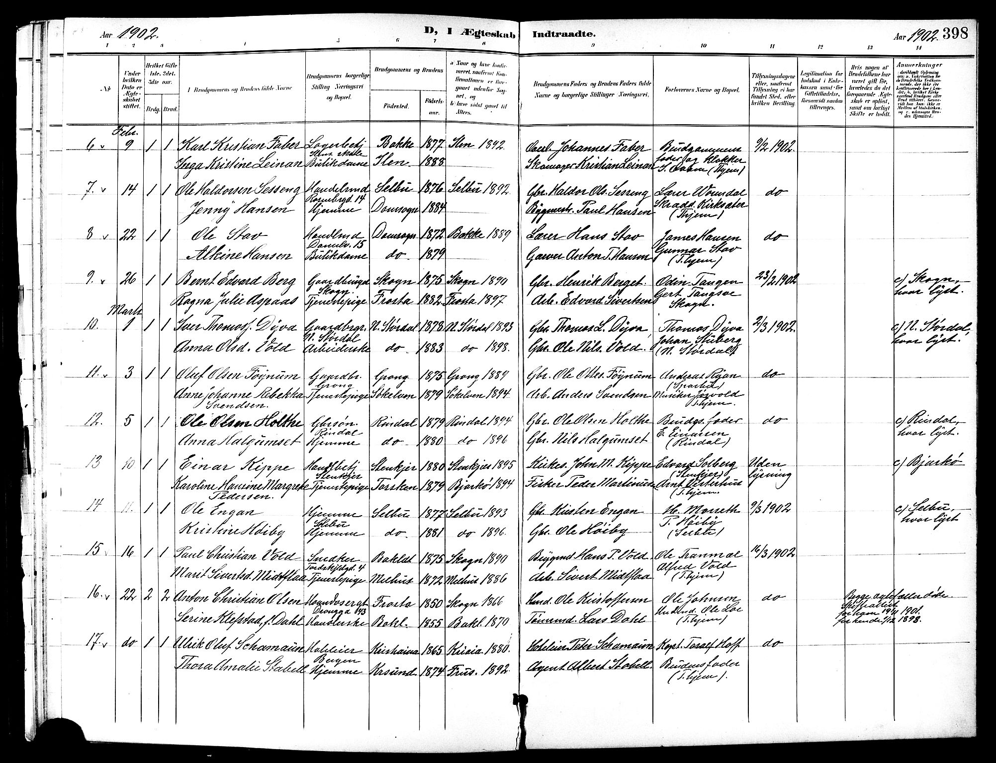 Ministerialprotokoller, klokkerbøker og fødselsregistre - Sør-Trøndelag, SAT/A-1456/601/L0094: Parish register (copy) no. 601C12, 1898-1911, p. 398