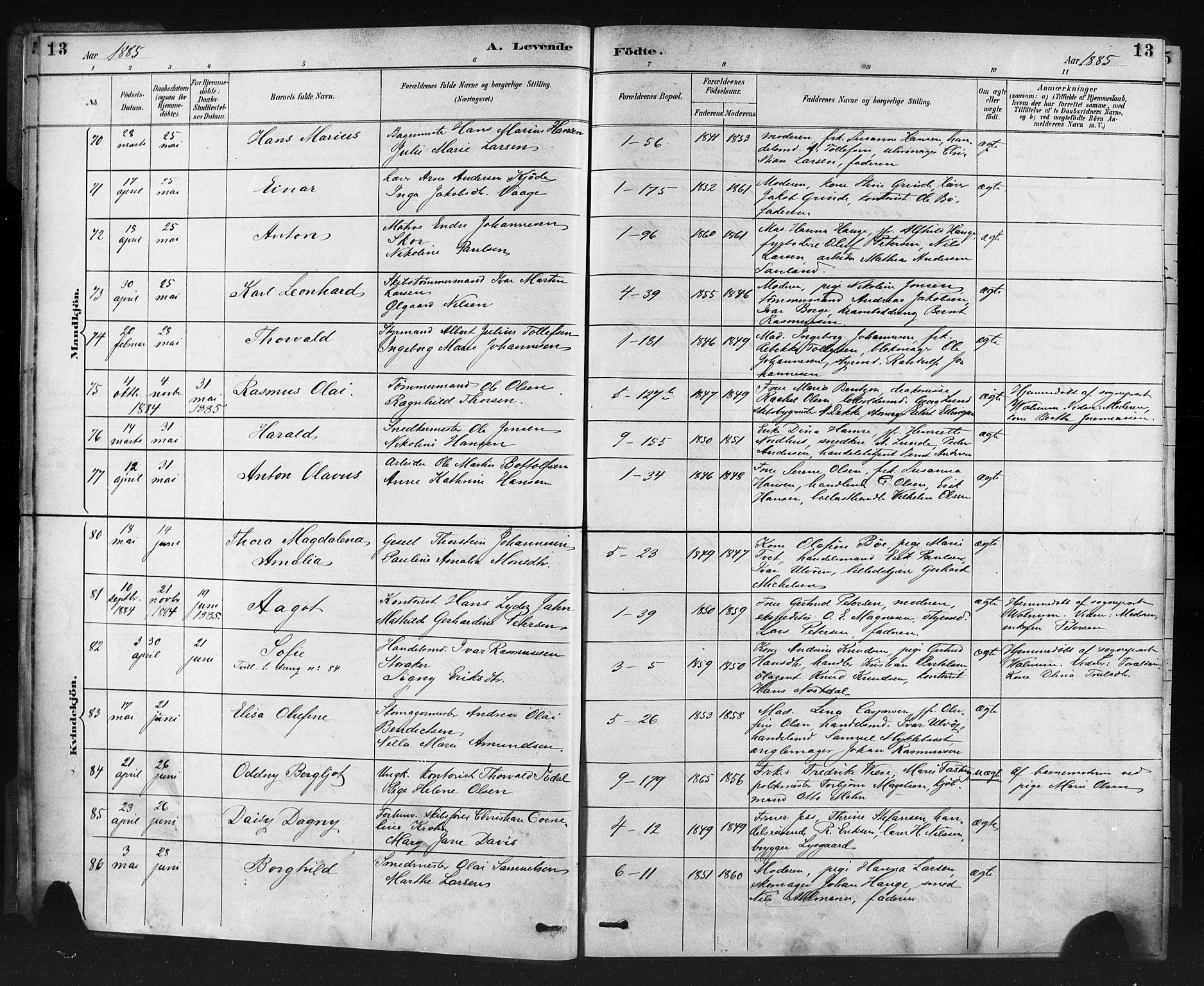 Nykirken Sokneprestembete, SAB/A-77101/H/Haa: Parish register (official) no. B 5, 1885-1894, p. 13