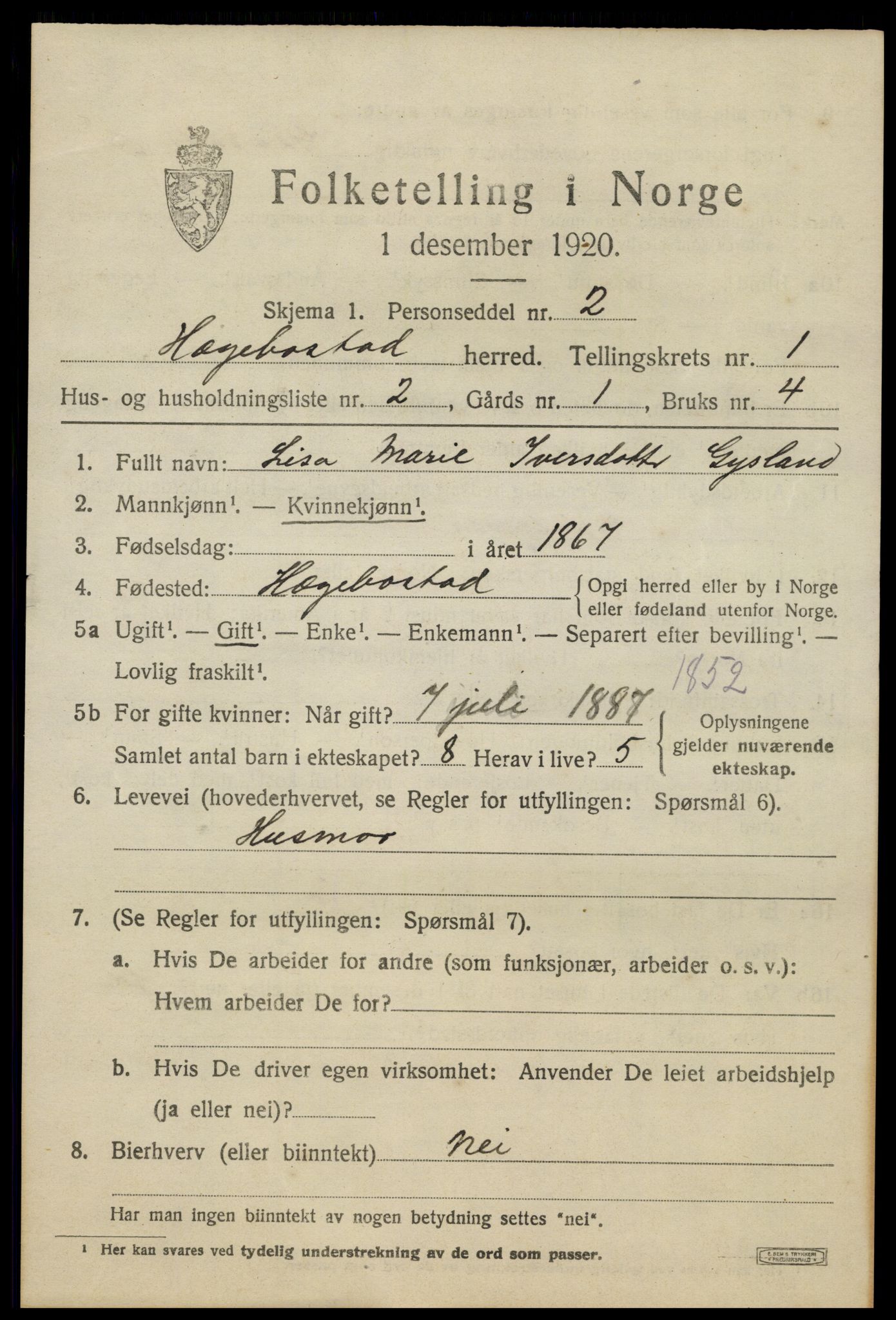 SAK, 1920 census for Hægebostad, 1920, p. 523