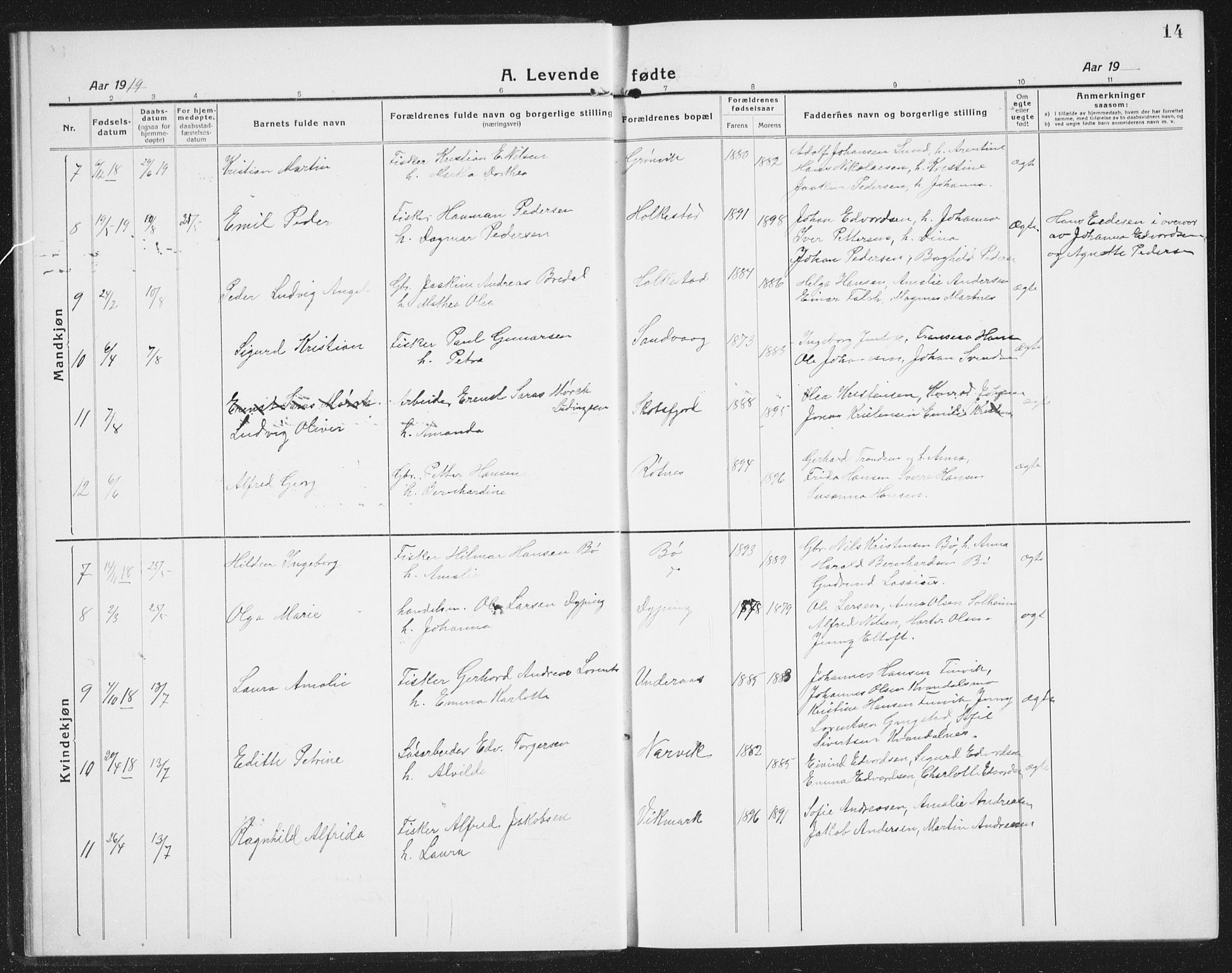 Ministerialprotokoller, klokkerbøker og fødselsregistre - Nordland, AV/SAT-A-1459/855/L0817: Parish register (copy) no. 855C06, 1917-1934, p. 14