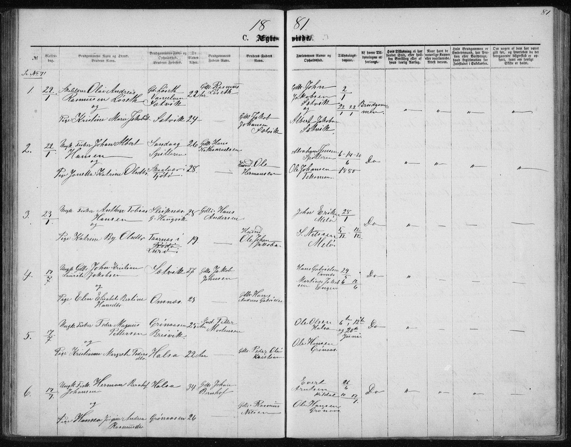 Ministerialprotokoller, klokkerbøker og fødselsregistre - Nordland, AV/SAT-A-1459/843/L0635: Parish register (copy) no. 843C04, 1872-1887, p. 81