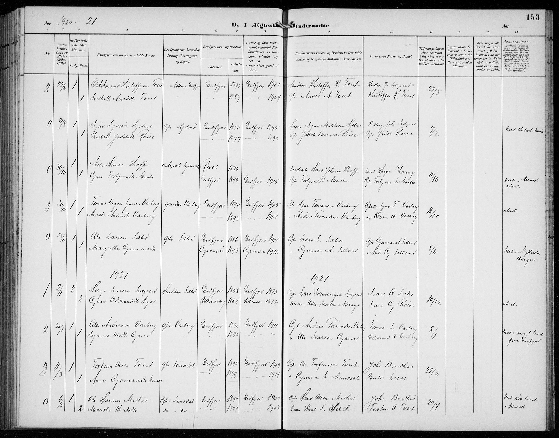 Ullensvang sokneprestembete, SAB/A-78701/H/Hab: Parish register (copy) no. C  3, 1899-1932, p. 153