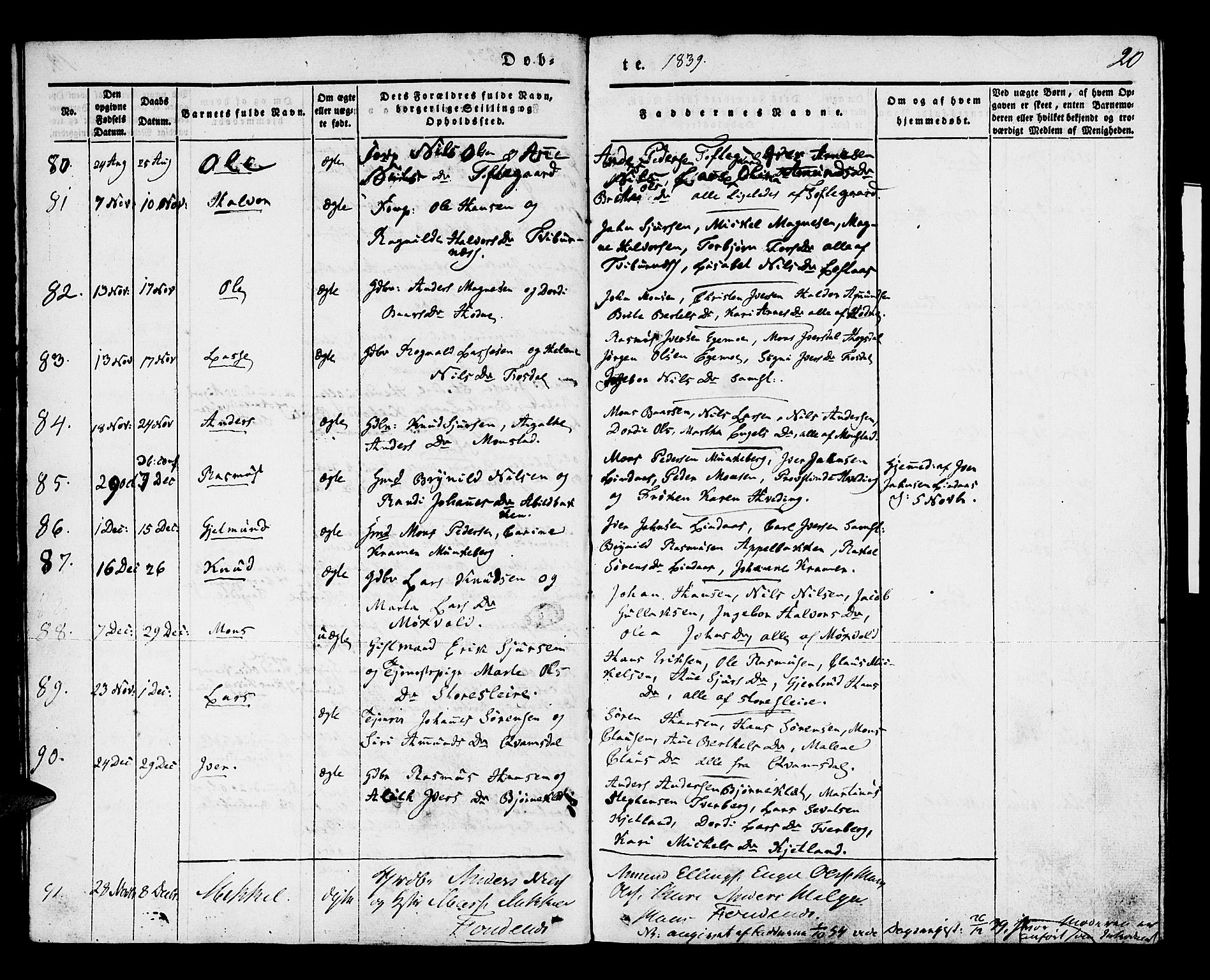 Lindås Sokneprestembete, AV/SAB-A-76701/H/Haa/Haaa/L0009: Parish register (official) no. A 9, 1835-1841, p. 20