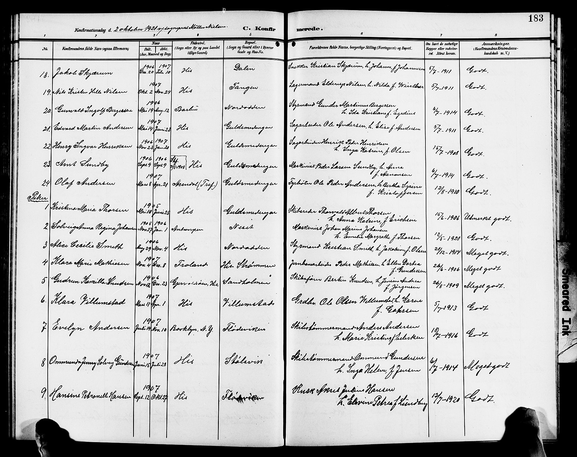 Hisøy sokneprestkontor, SAK/1111-0020/F/Fb/L0004: Parish register (copy) no. B 4, 1905-1923, p. 183