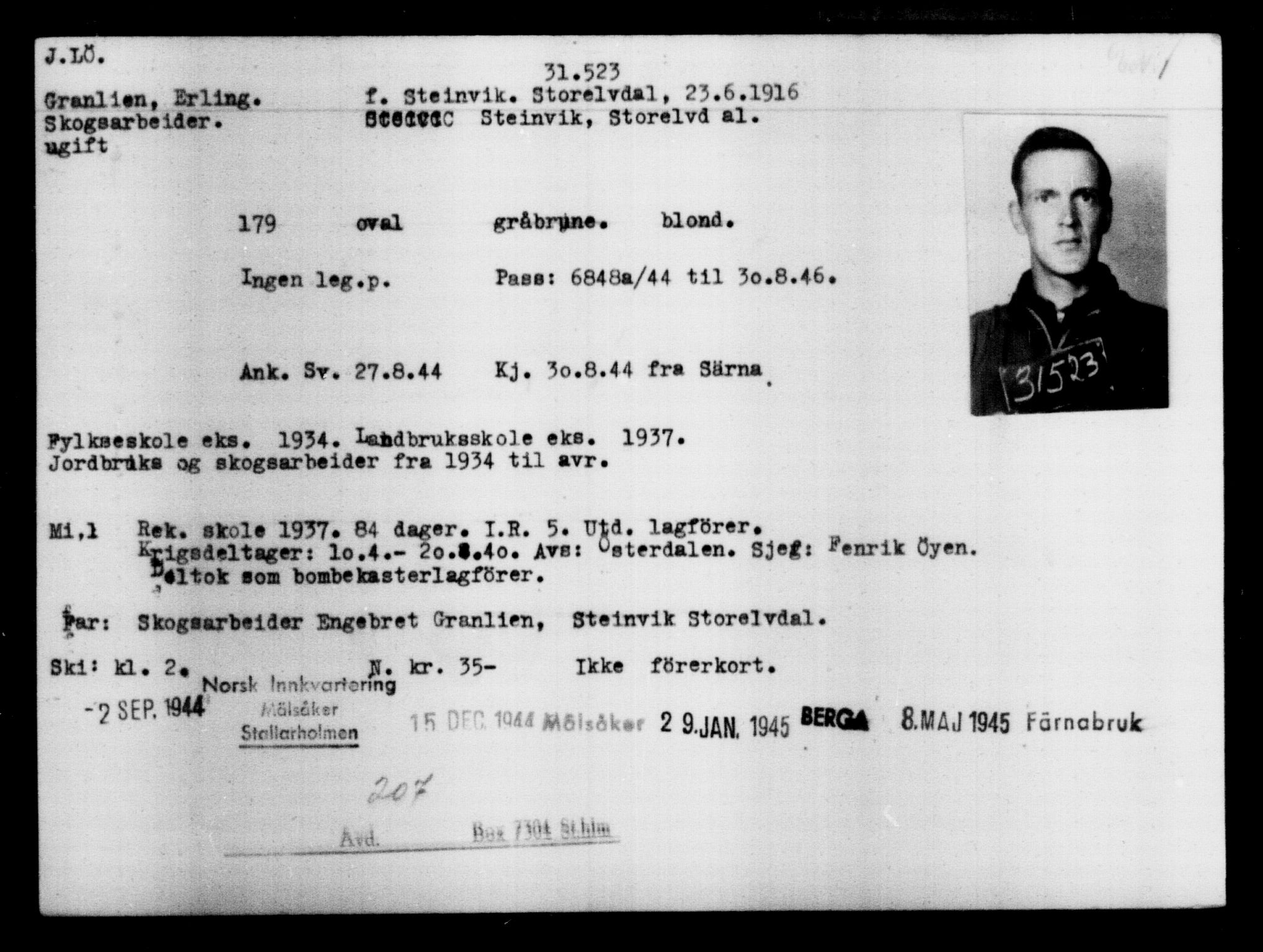 Utenriksstasjonene, Legasjonen i Stockholm, Flyktningkontoret, AV/RA-S-6753/V/Va/L0013: Kjesäterkartoteket, flyktning nr. 31500-34731, 1940-1945, p. 26