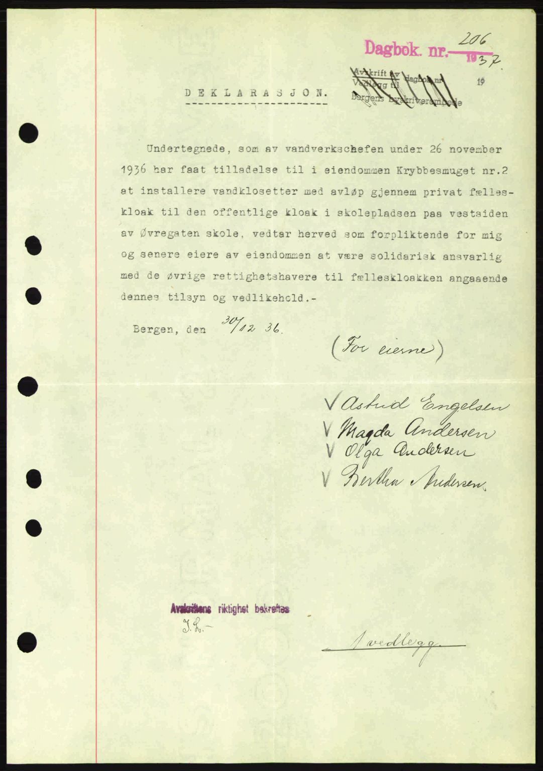 Byfogd og Byskriver i Bergen, SAB/A-3401/03/03Bc/L0004: Mortgage book no. A3-4, 1936-1937, Diary no: : 206/1937