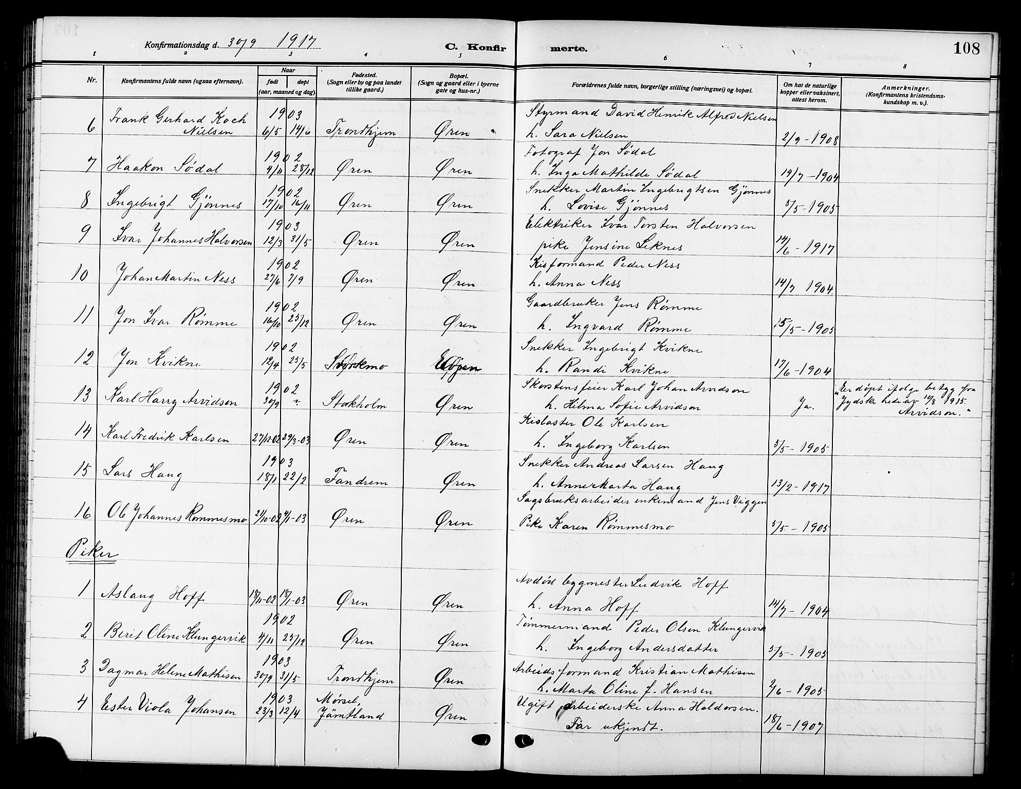Ministerialprotokoller, klokkerbøker og fødselsregistre - Sør-Trøndelag, SAT/A-1456/669/L0831: Parish register (copy) no. 669C01, 1909-1924, p. 108