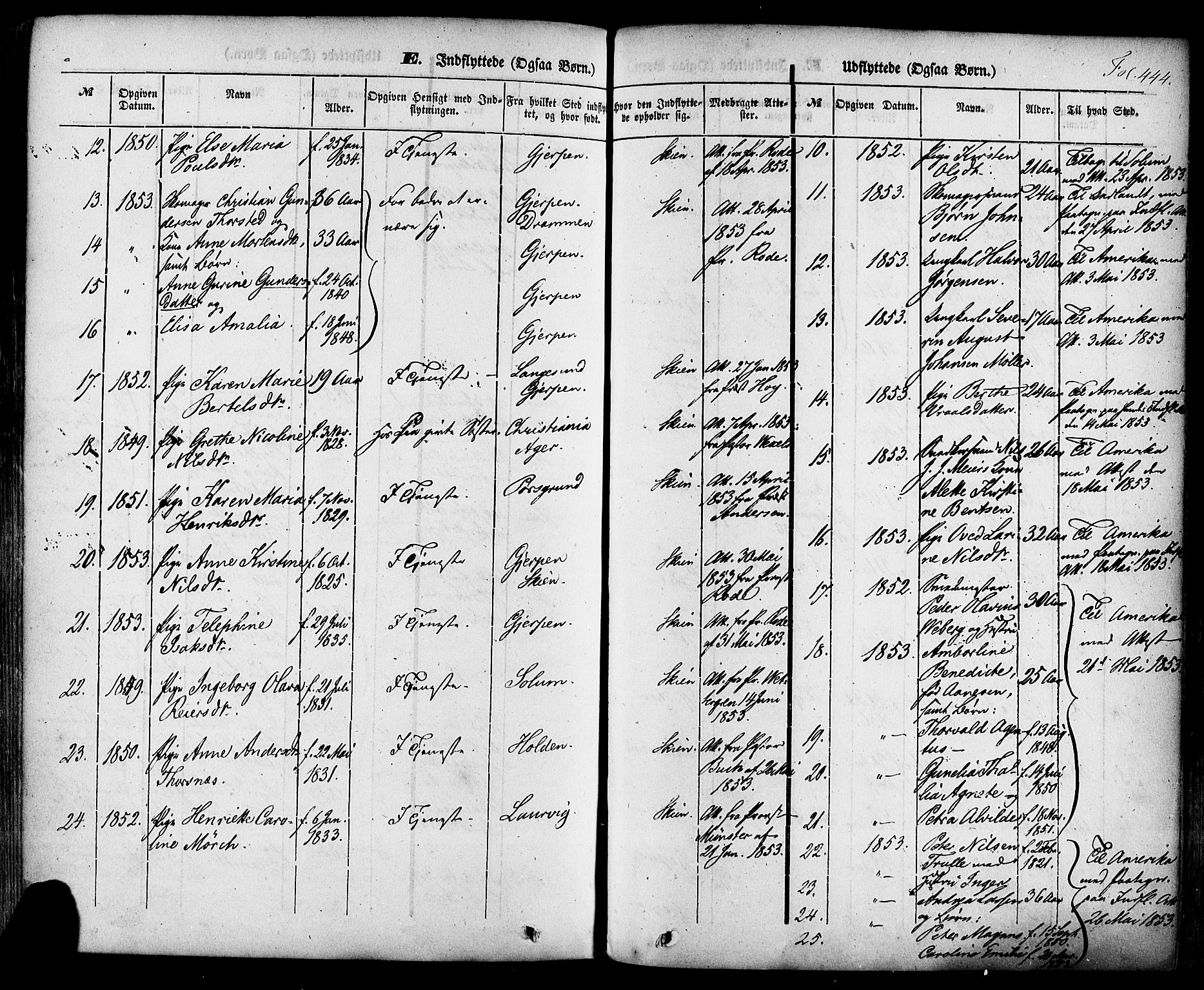 Skien kirkebøker, AV/SAKO-A-302/F/Fa/L0006a: Parish register (official) no. 6A, 1843-1856, p. 444