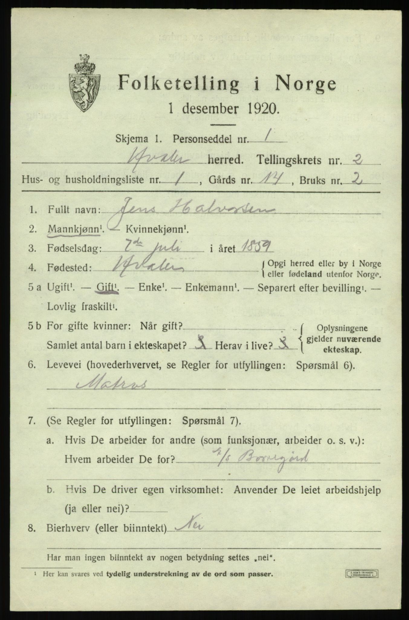 SAO, 1920 census for Hvaler, 1920, p. 3274