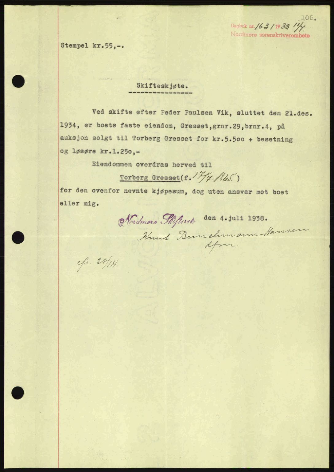 Nordmøre sorenskriveri, SAT/A-4132/1/2/2Ca: Mortgage book no. A84, 1938-1938, Diary no: : 1631/1938