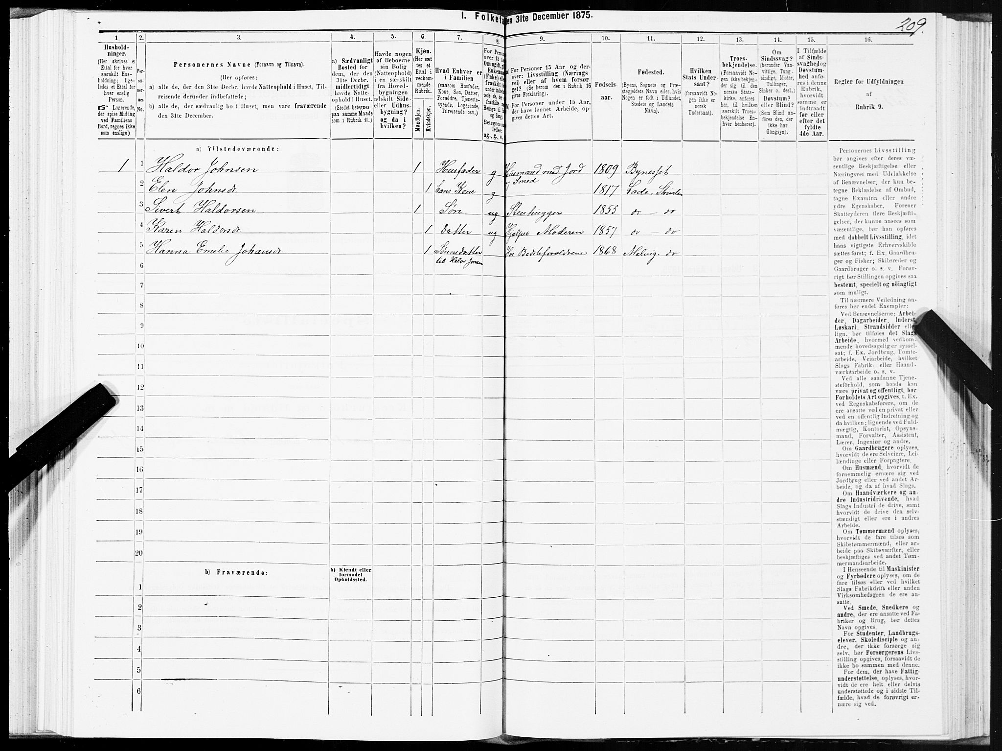 SAT, 1875 census for 1660P Strinda, 1875, p. 2209