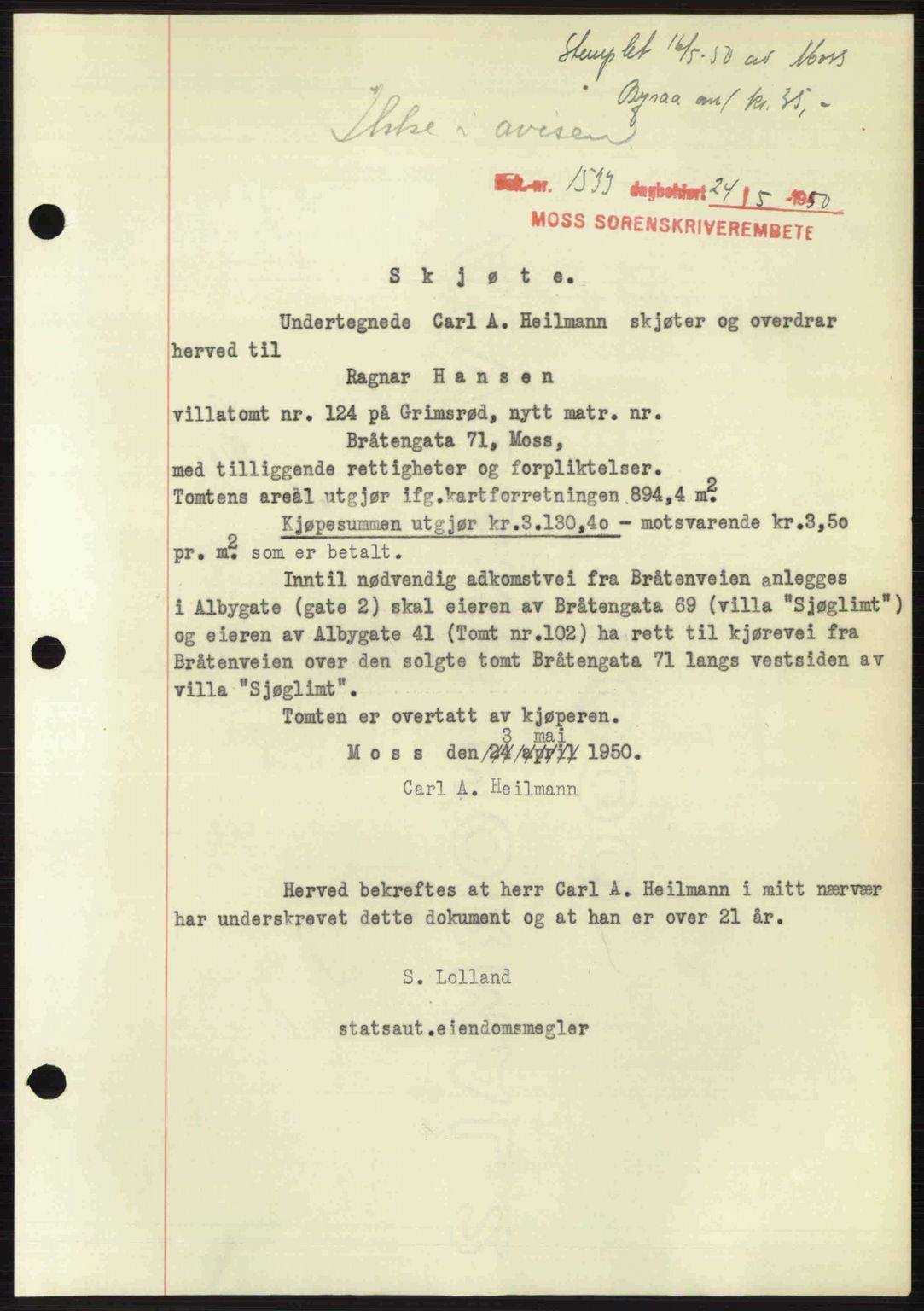 Moss sorenskriveri, AV/SAO-A-10168: Mortgage book no. A26, 1950-1950, Diary no: : 1533/1950
