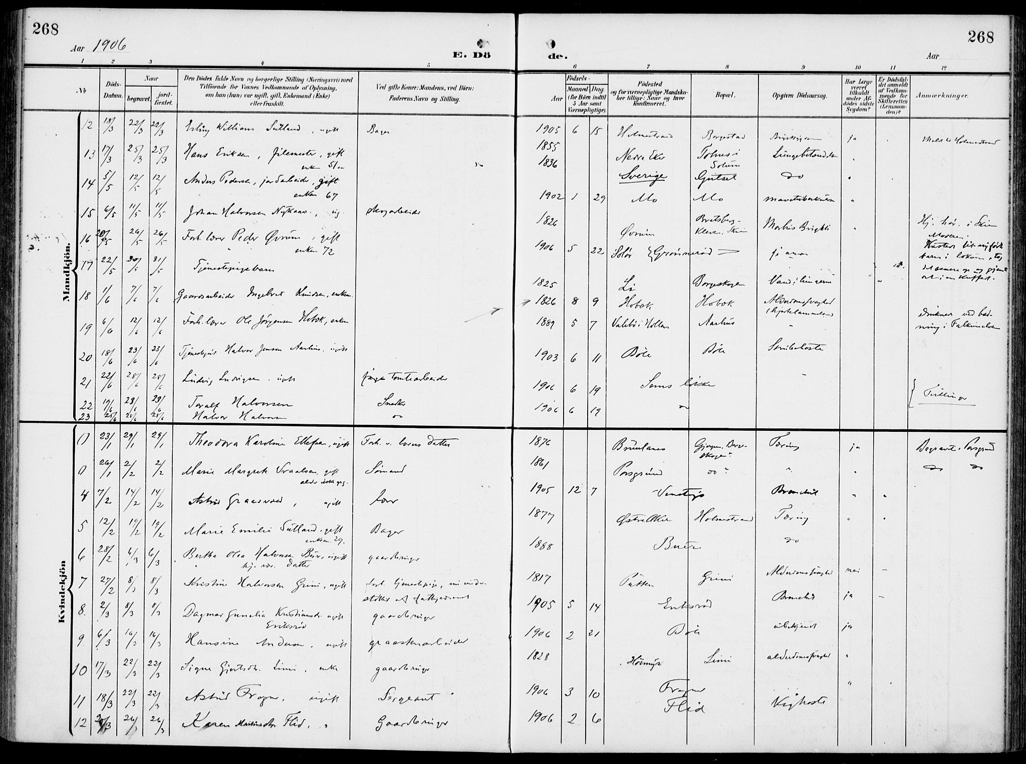 Gjerpen kirkebøker, SAKO/A-265/F/Fa/L0012: Parish register (official) no. I 12, 1905-1913, p. 268