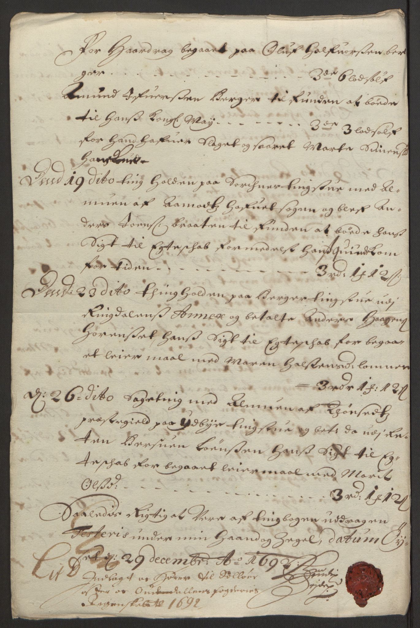 Rentekammeret inntil 1814, Reviderte regnskaper, Fogderegnskap, AV/RA-EA-4092/R13/L0830: Fogderegnskap Solør, Odal og Østerdal, 1692, p. 187