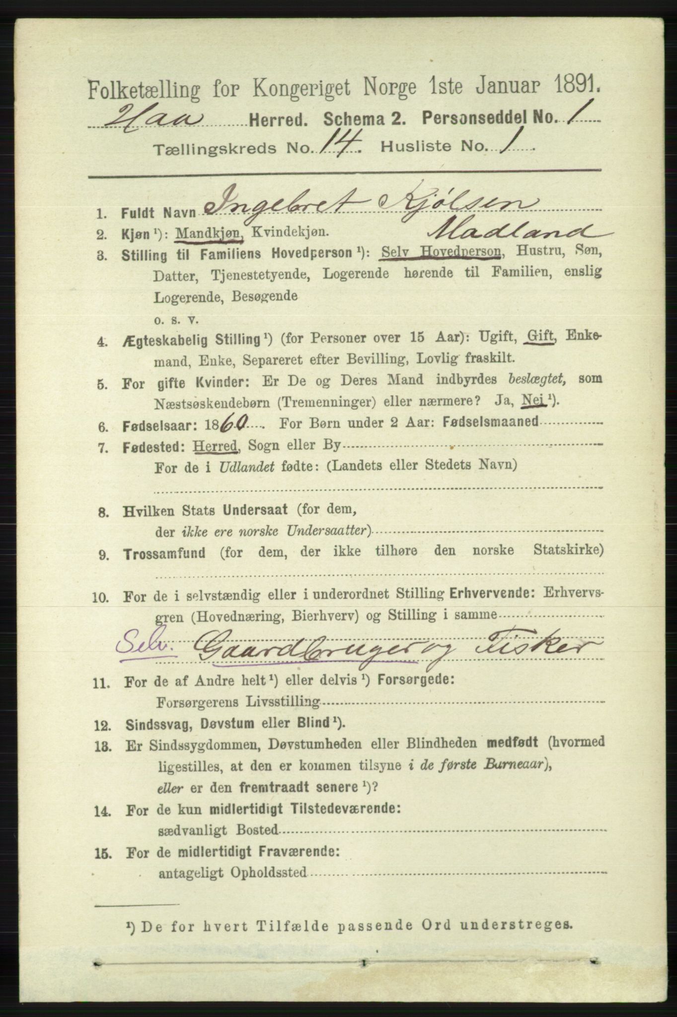 RA, 1891 census for 1119 Hå, 1891, p. 3358