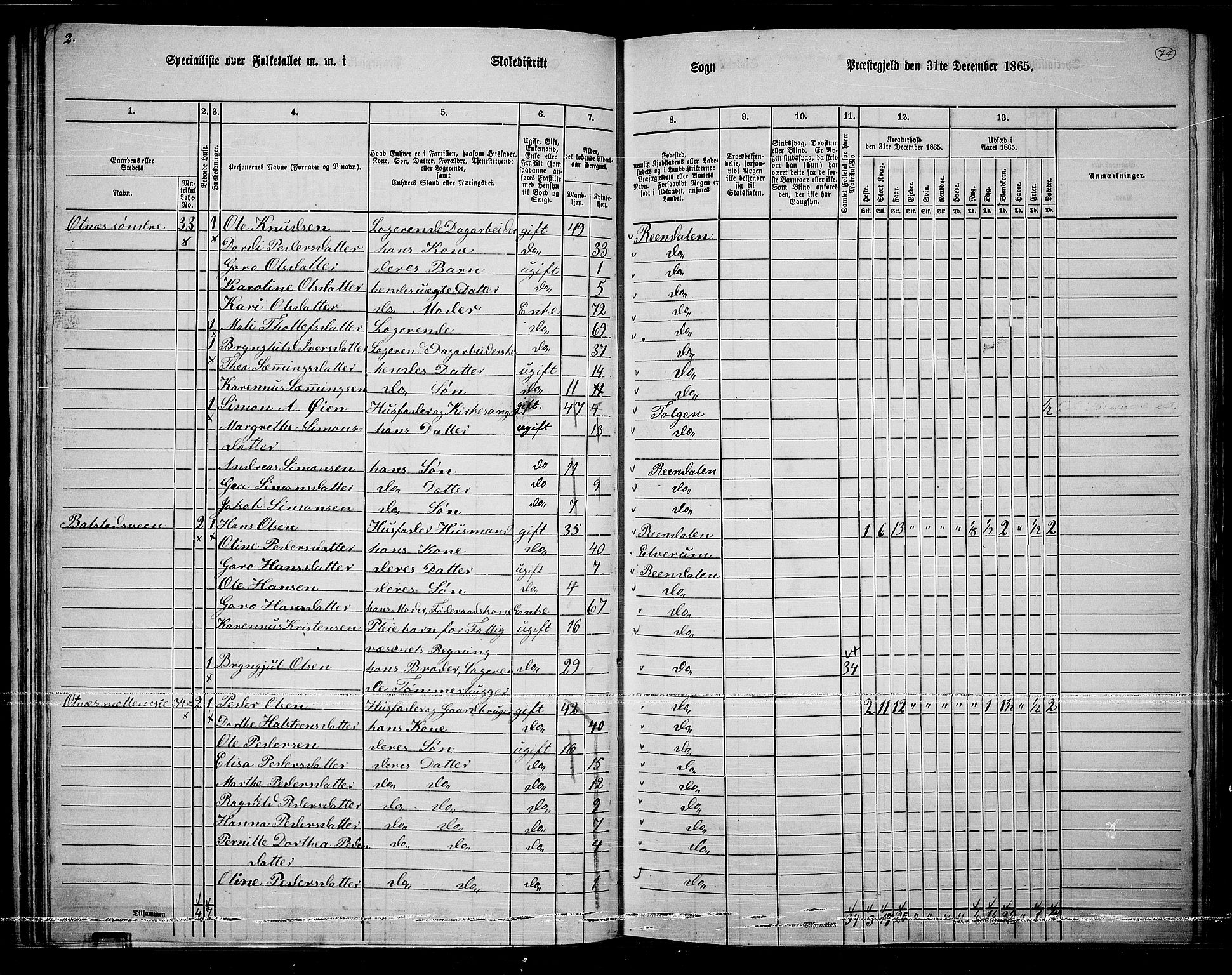 RA, 1865 census for Rendalen, 1865, p. 64