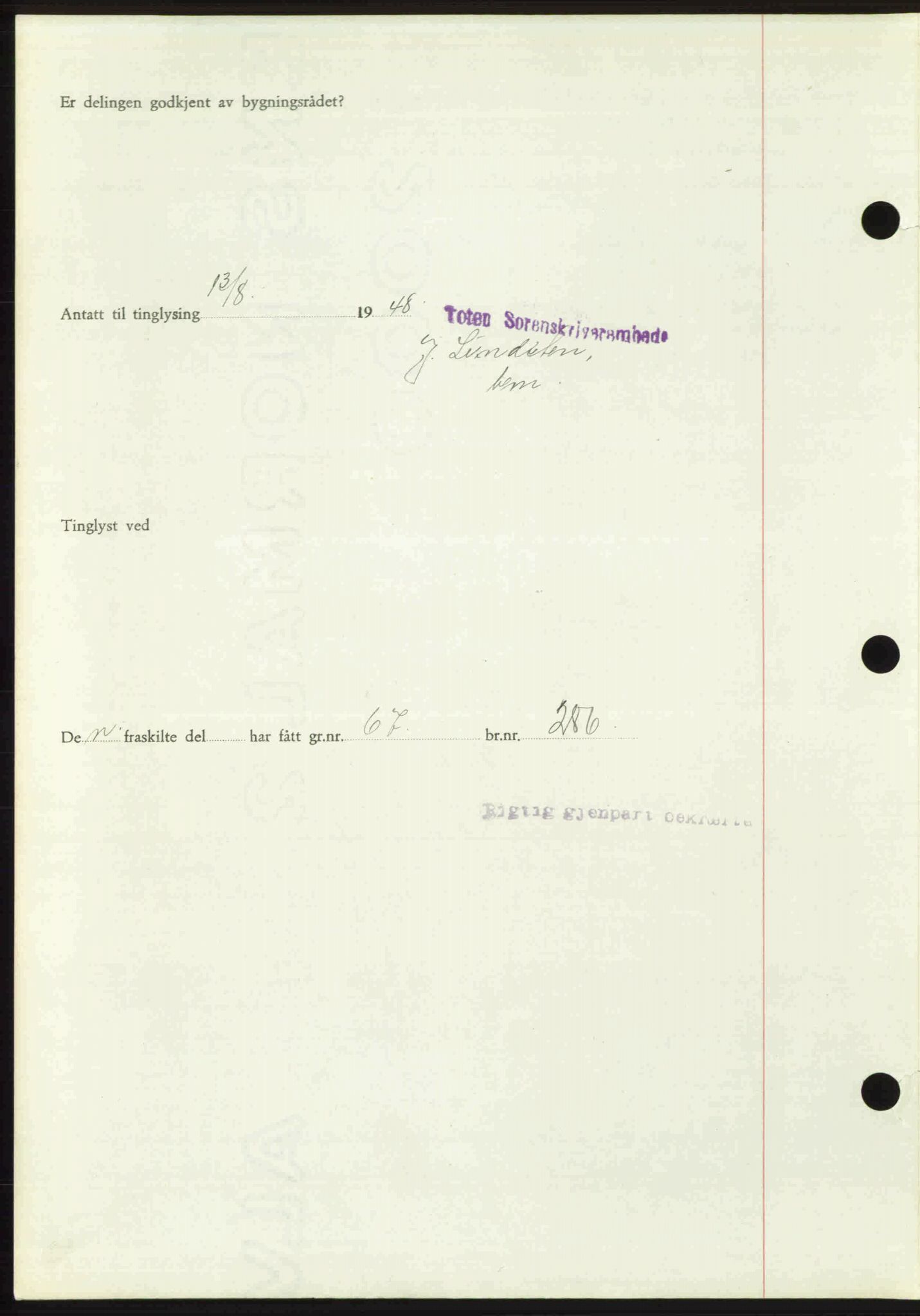 Toten tingrett, SAH/TING-006/H/Hb/Hbc/L0020: Mortgage book no. Hbc-20, 1948-1948, Diary no: : 2567/1948