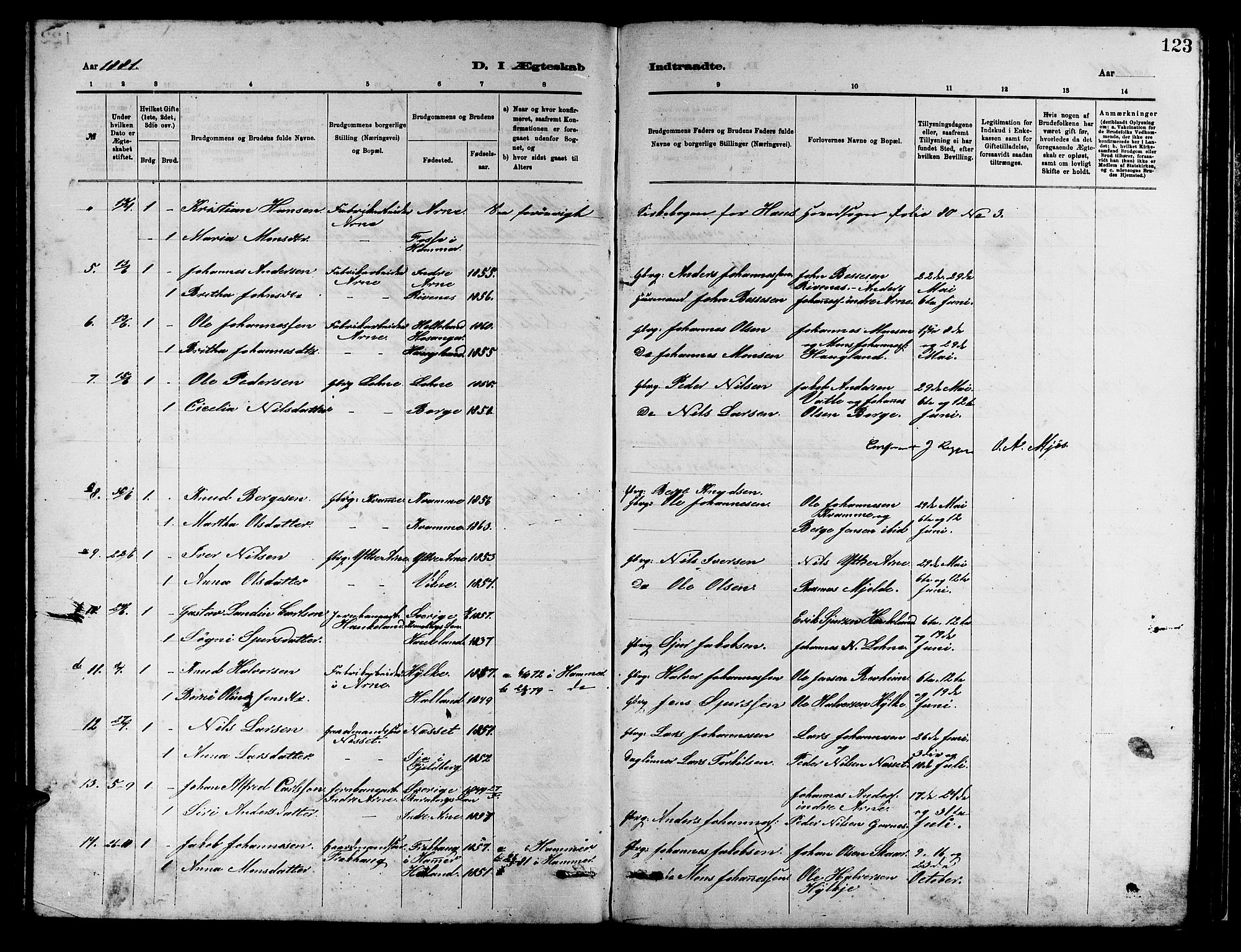 Arna Sokneprestembete, AV/SAB-A-74001/H/Ha/Hab: Parish register (copy) no. A 2, 1878-1887, p. 123