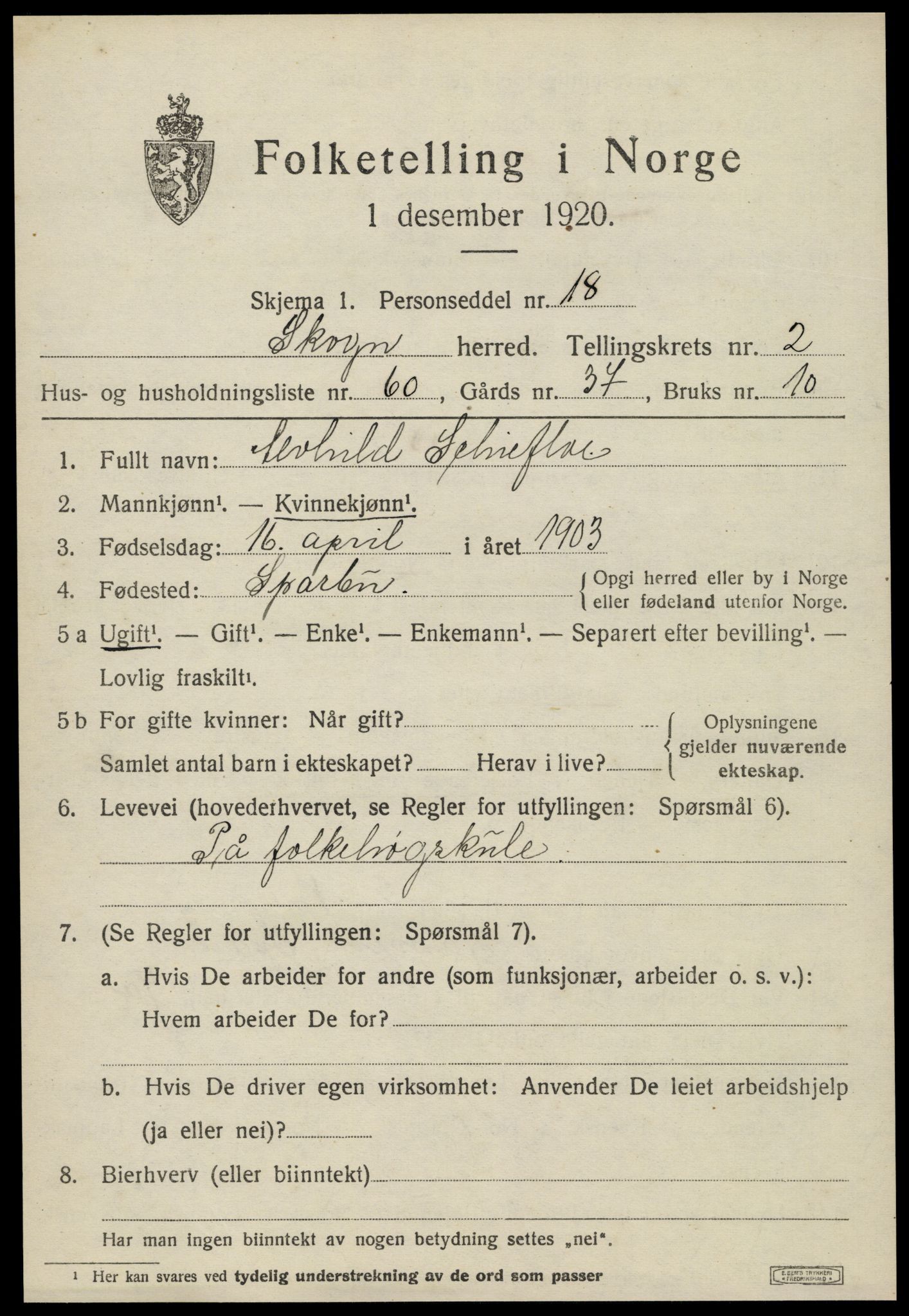 SAT, 1920 census for Skogn, 1920, p. 3681