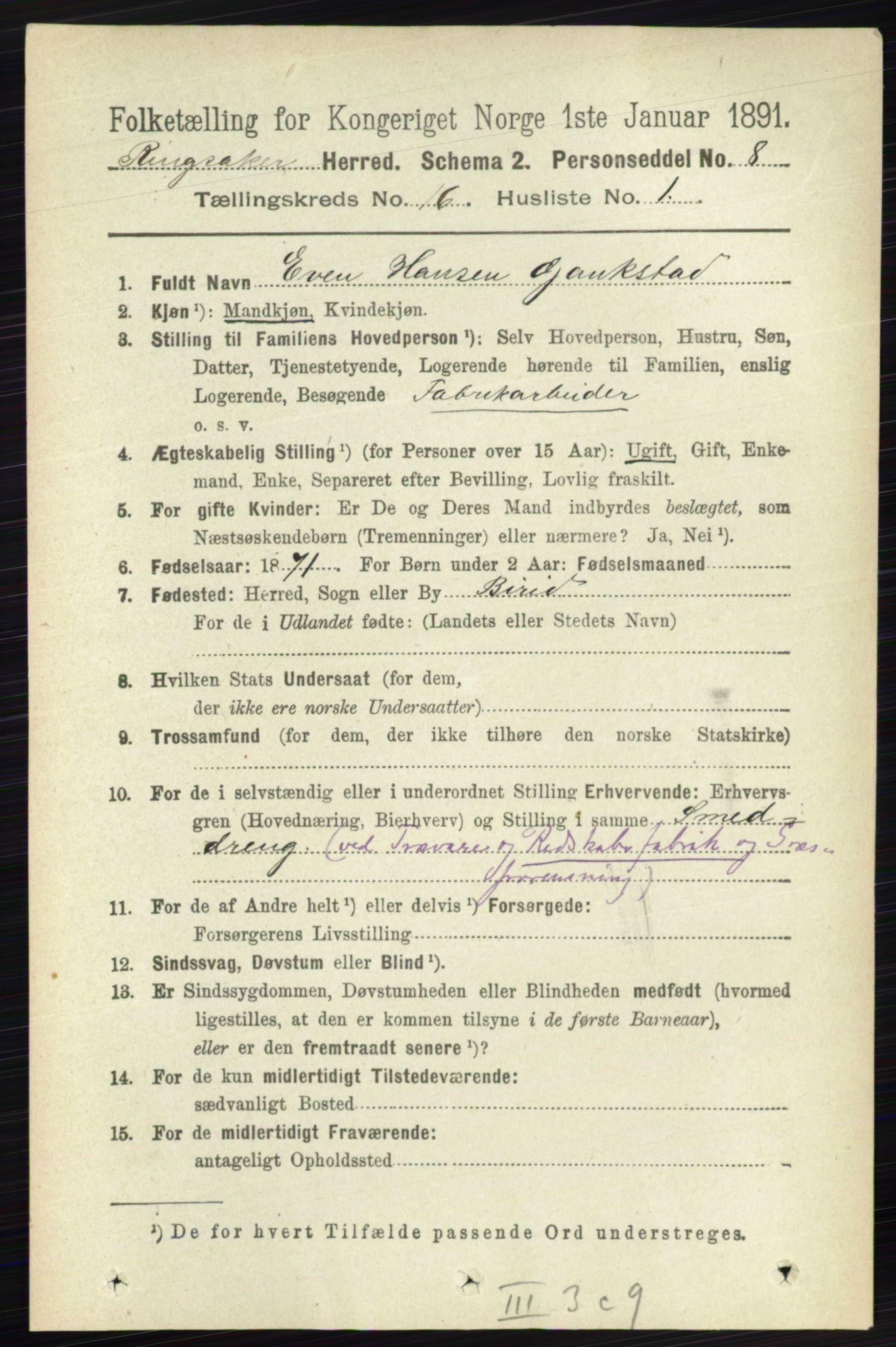 RA, 1891 census for 0412 Ringsaker, 1891, p. 9090