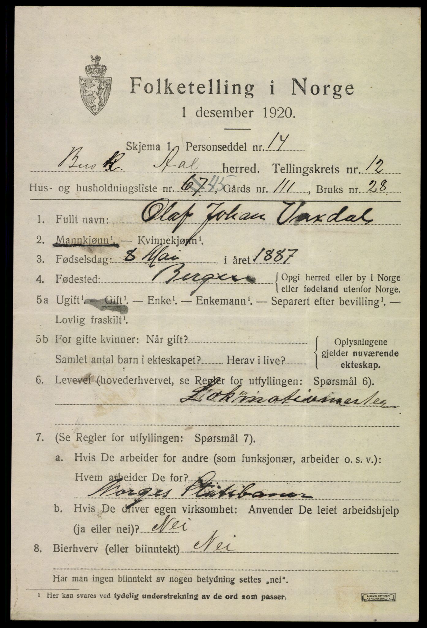 SAKO, 1920 census for Ål, 1920, p. 7172