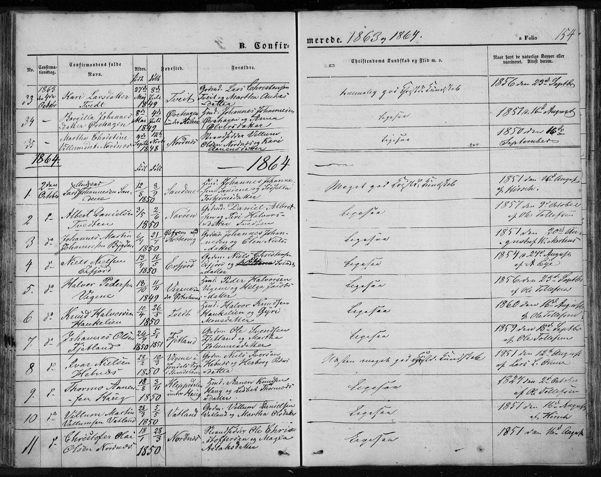 Jelsa sokneprestkontor, AV/SAST-A-101842/01/IV: Parish register (official) no. A 7, 1854-1866, p. 154