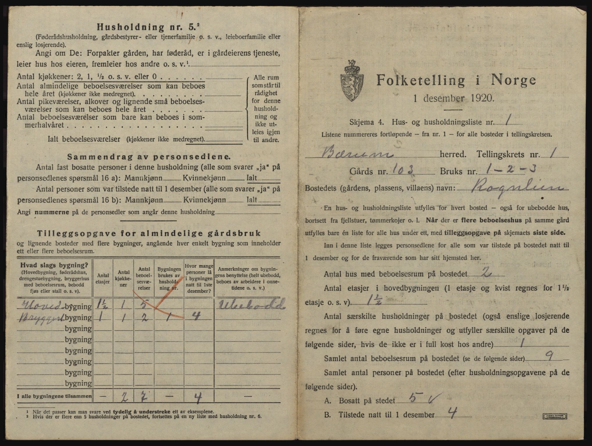 SAO, 1920 census for Bærum, 1920, p. 106