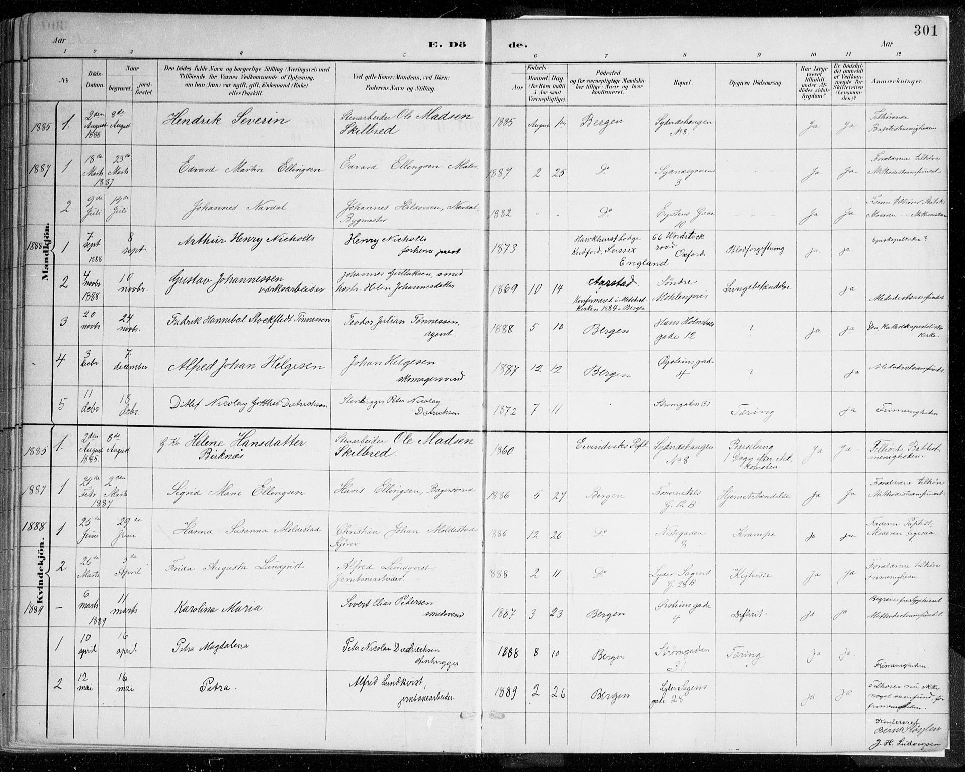 Johanneskirken sokneprestembete, SAB/A-76001/H/Haa/L0019: Parish register (official) no. E 1, 1885-1915, p. 301
