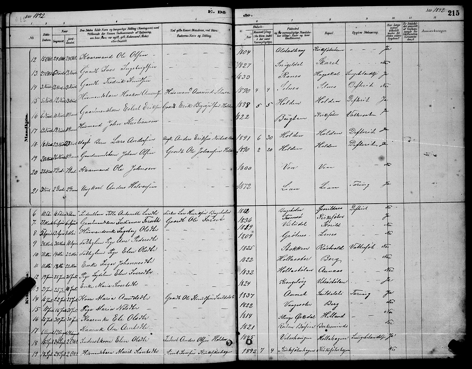 Ministerialprotokoller, klokkerbøker og fødselsregistre - Sør-Trøndelag, SAT/A-1456/630/L0504: Parish register (copy) no. 630C02, 1879-1898, p. 215