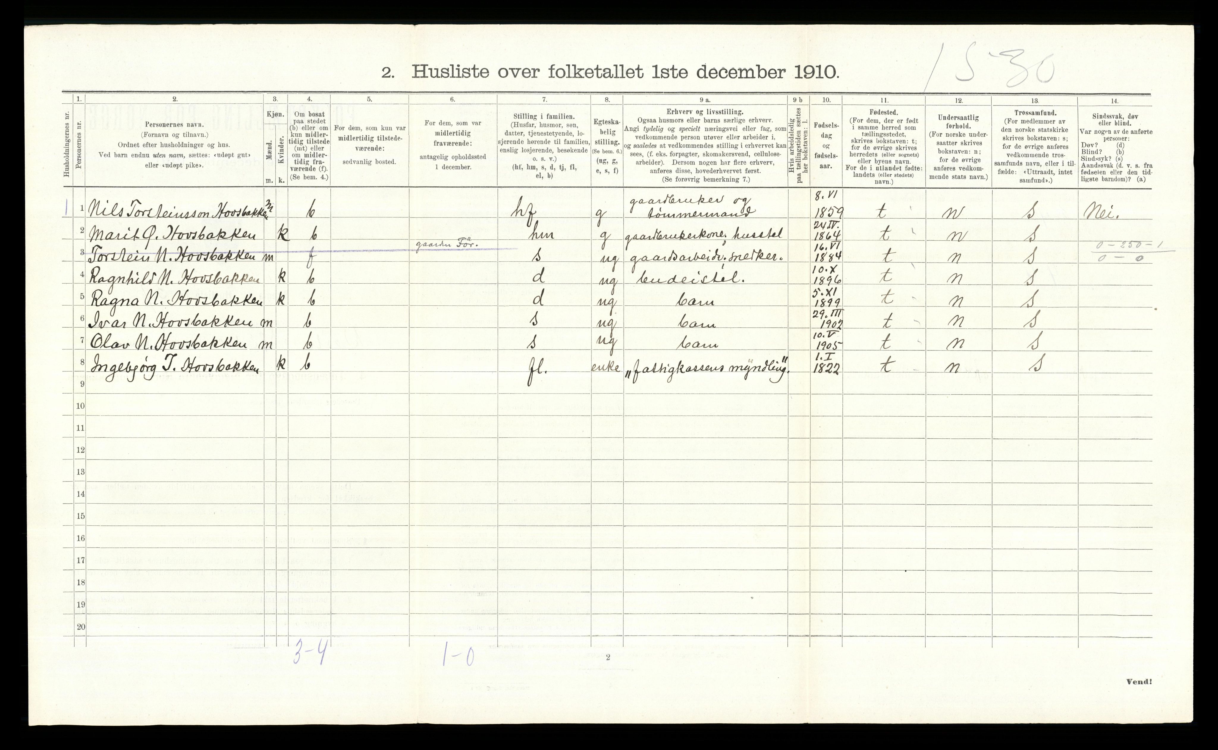 RA, 1910 census for Vestre Slidre, 1910, p. 224