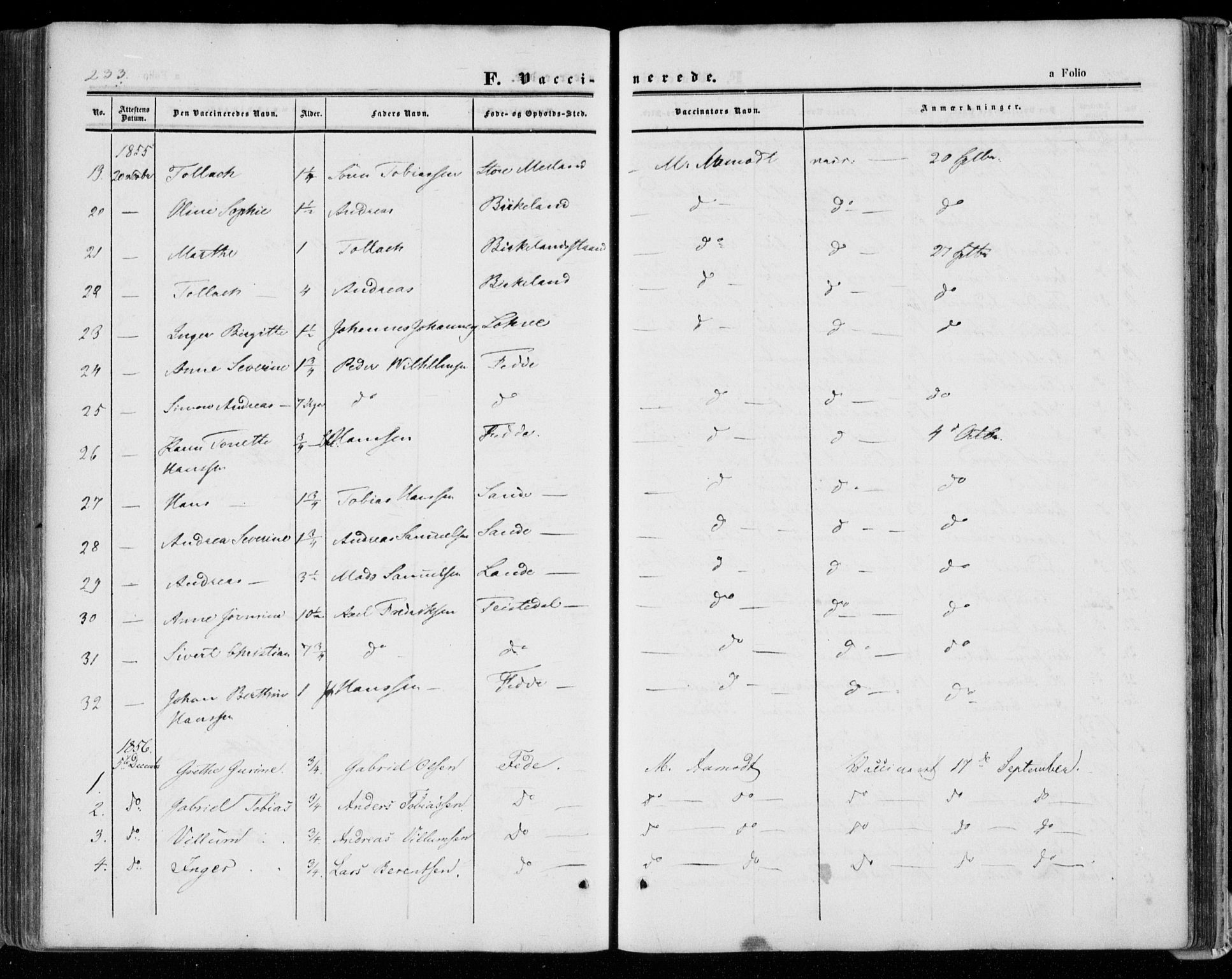 Kvinesdal sokneprestkontor, AV/SAK-1111-0026/F/Fa/Faa/L0002: Parish register (official) no. A 2, 1850-1876, p. 233