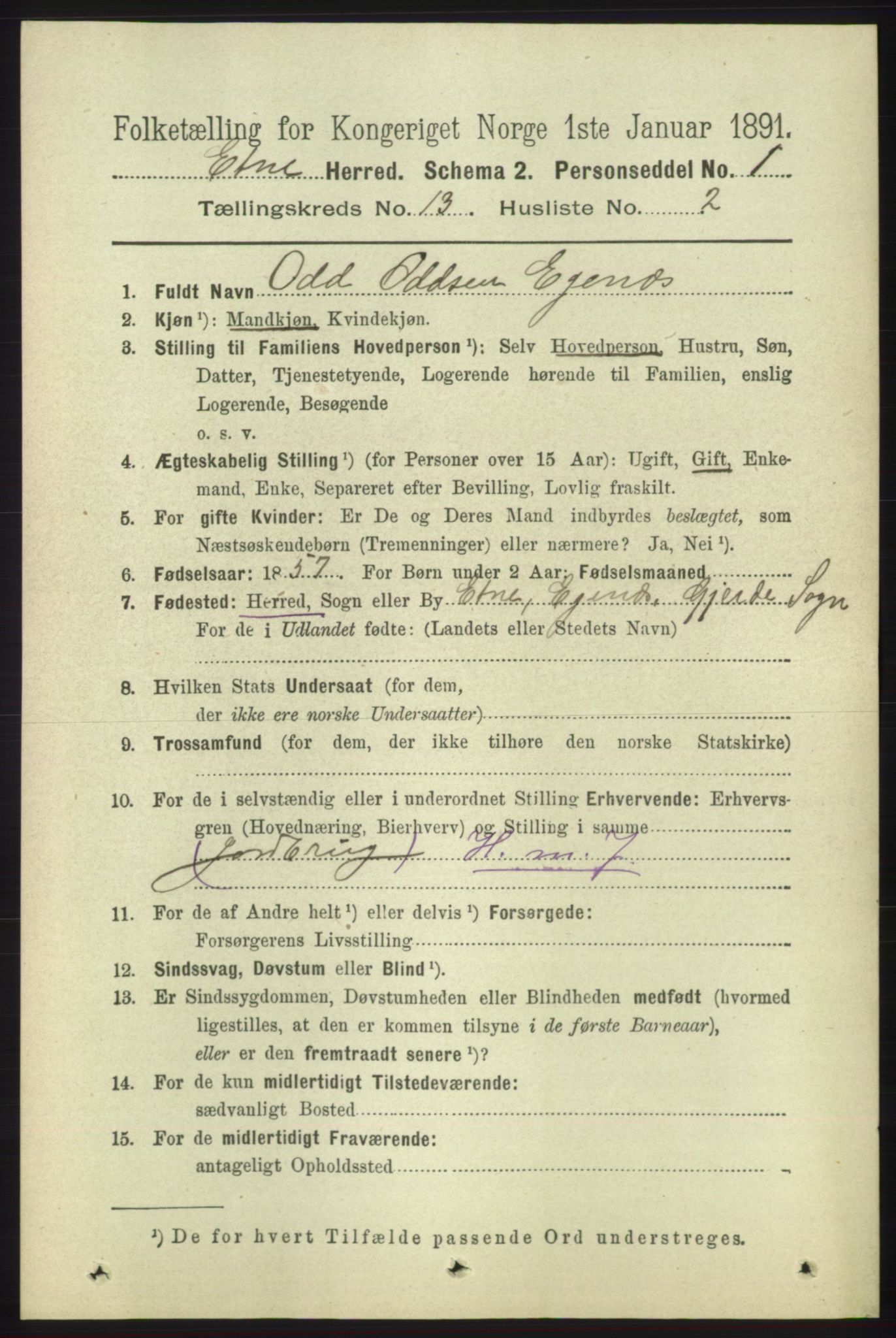 RA, 1891 census for 1211 Etne, 1891, p. 2744