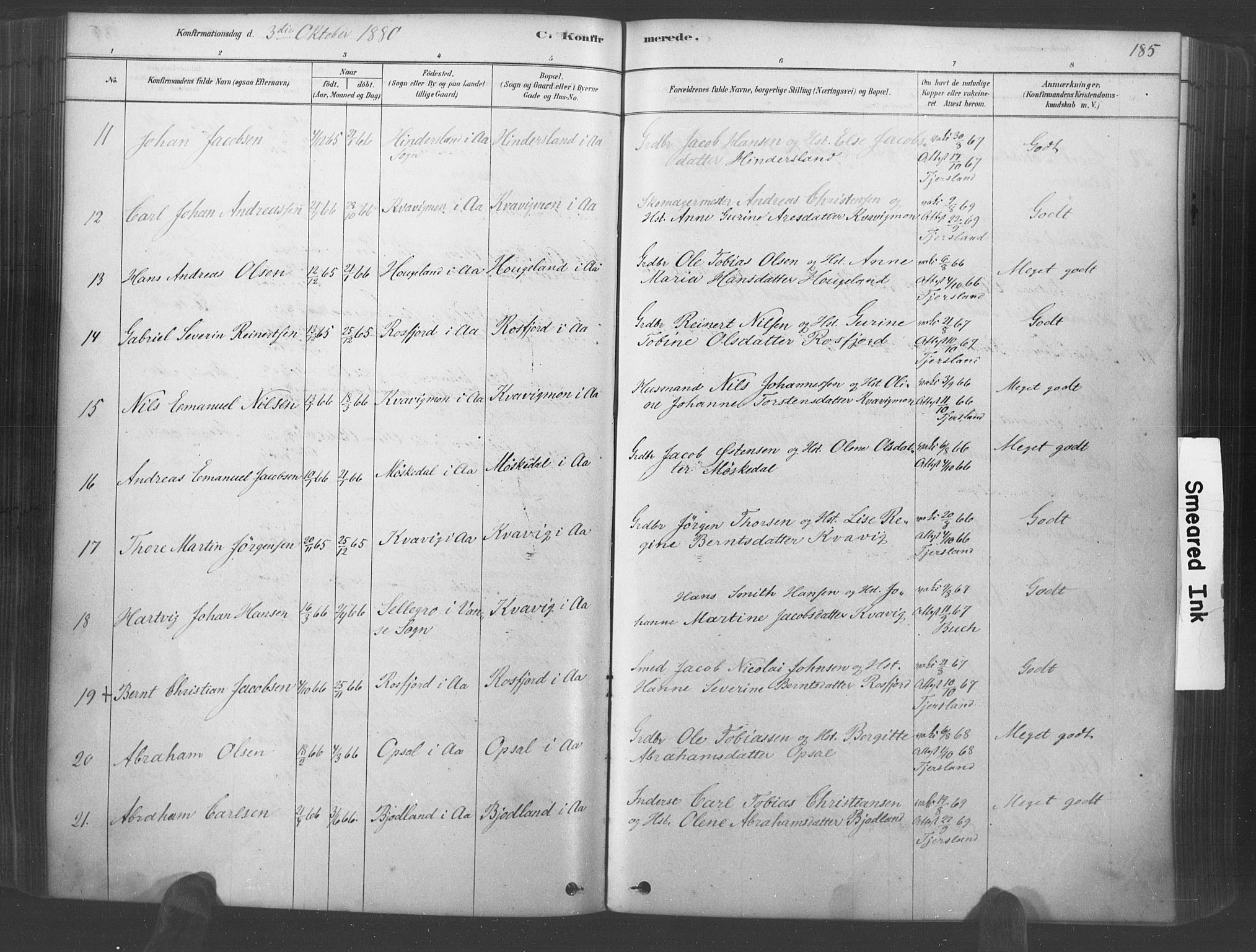 Lyngdal sokneprestkontor, AV/SAK-1111-0029/F/Fa/Fac/L0011: Parish register (official) no. A 11, 1878-1893, p. 185