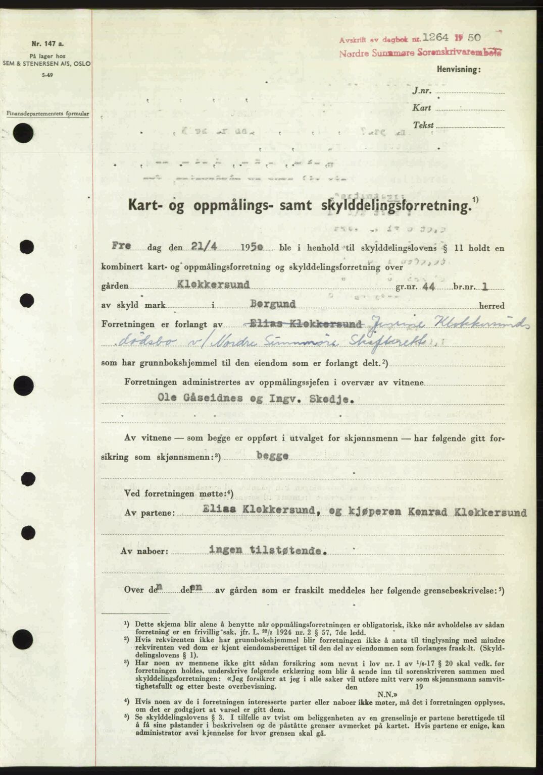 Nordre Sunnmøre sorenskriveri, AV/SAT-A-0006/1/2/2C/2Ca: Mortgage book no. A34, 1950-1950, Diary no: : 1264/1950