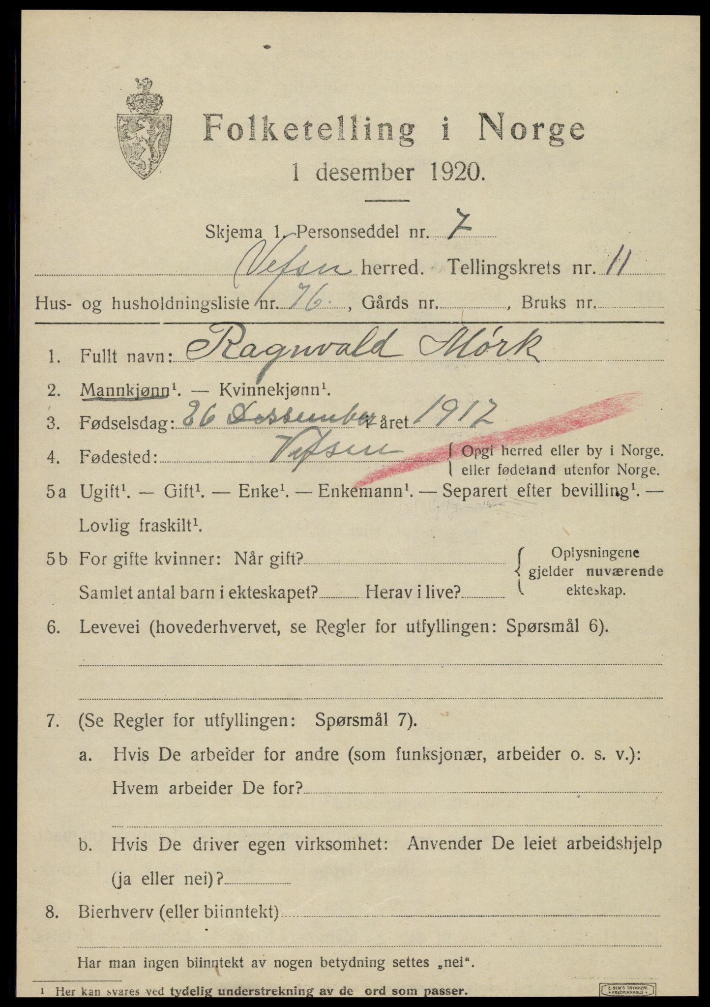 SAT, 1920 census for Vefsn, 1920, p. 9439