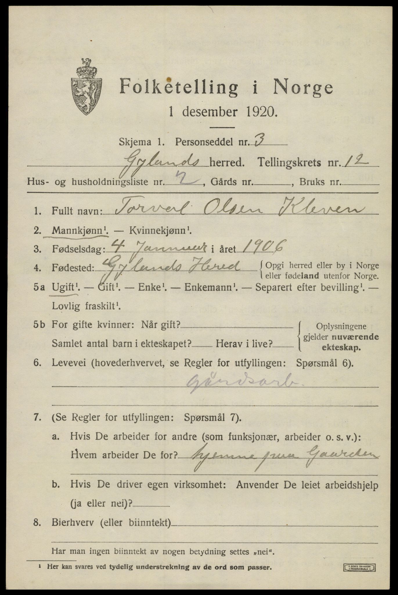 SAK, 1920 census for Gyland, 1920, p. 2446