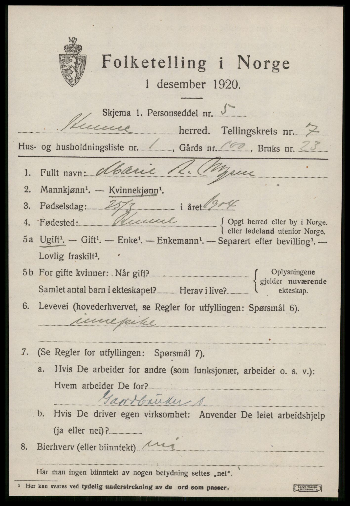 SAT, 1920 census for Hemne, 1920, p. 4002