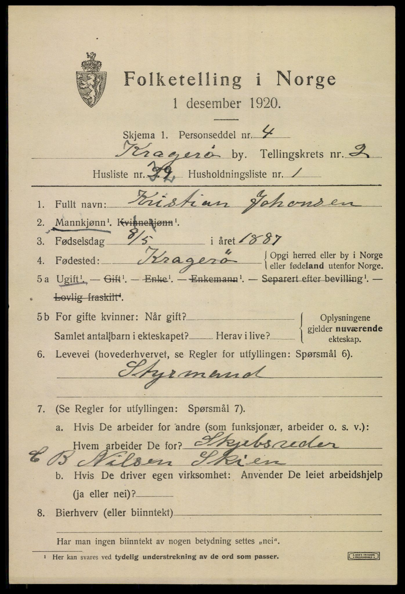 SAKO, 1920 census for Kragerø, 1920, p. 5739