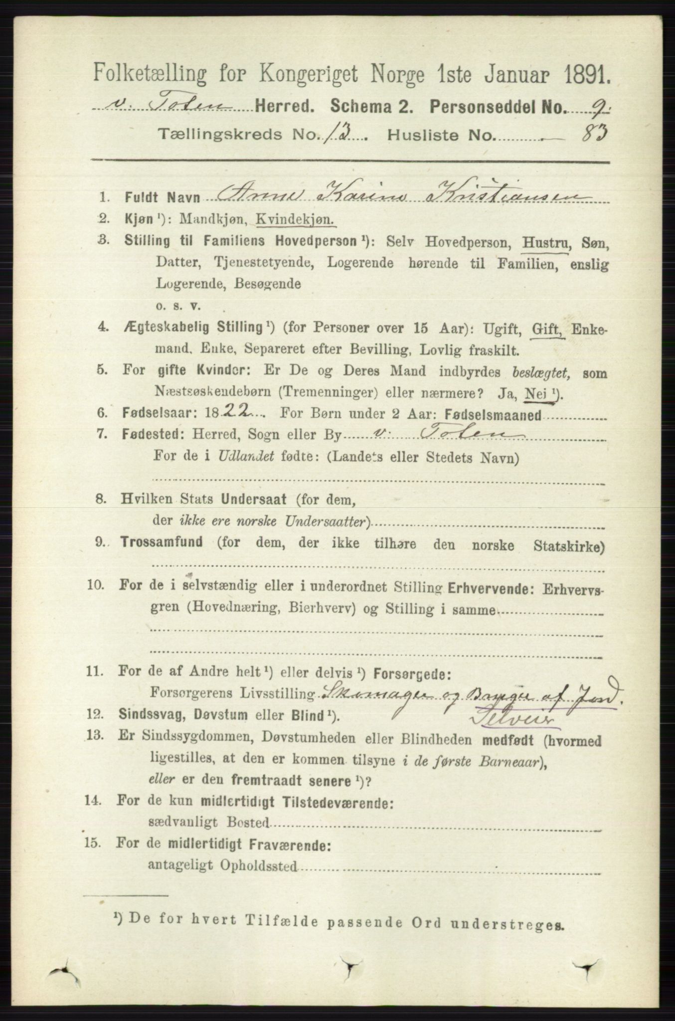 RA, 1891 census for 0529 Vestre Toten, 1891, p. 8261