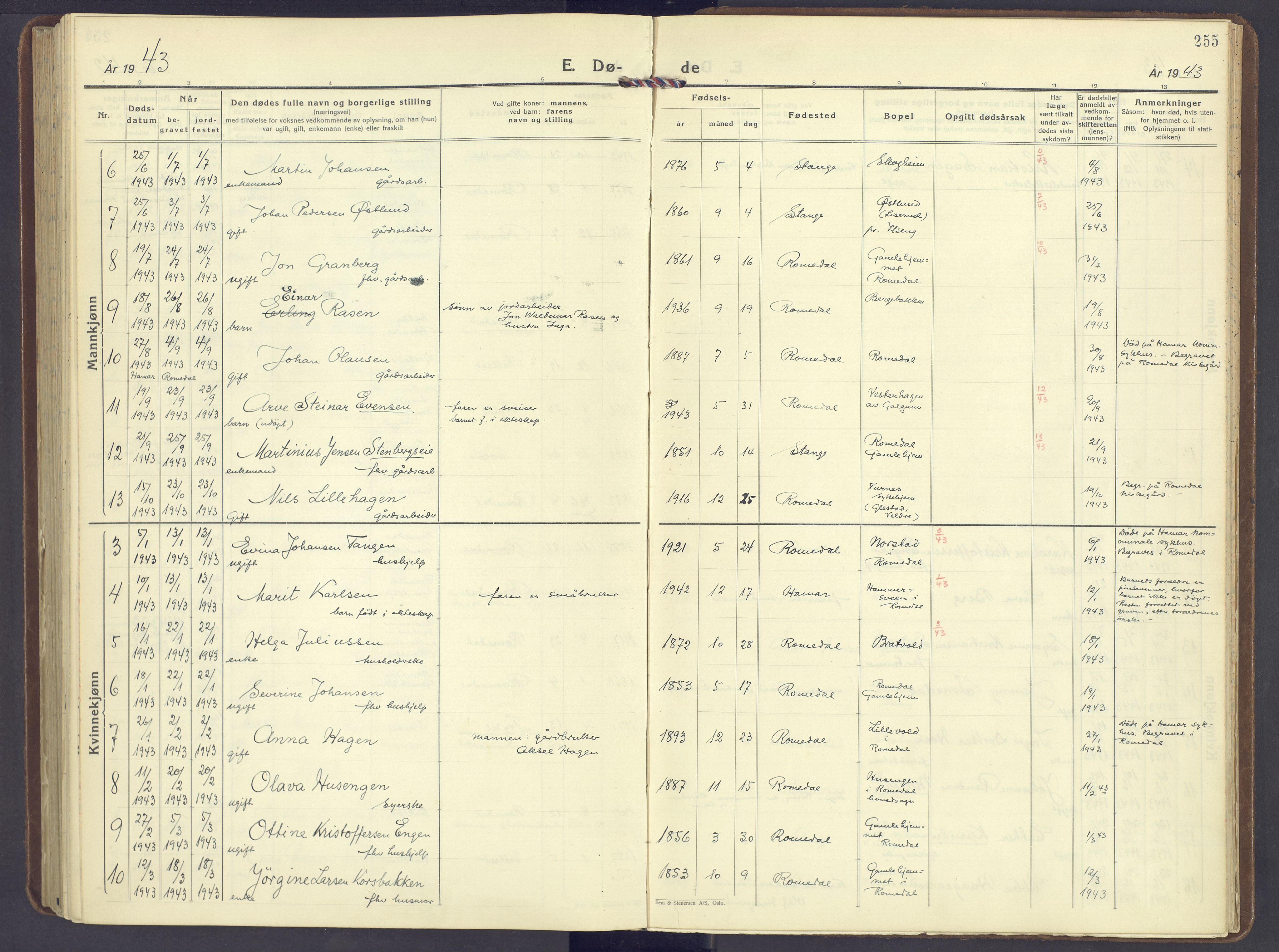 Romedal prestekontor, AV/SAH-PREST-004/K/L0014: Parish register (official) no. 14, 1936-1949, p. 255