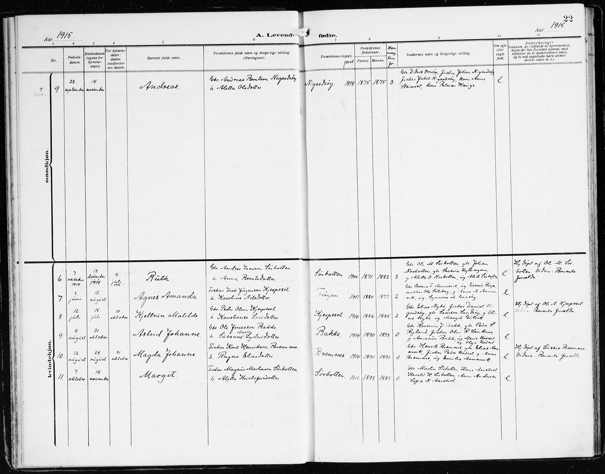 Bremanger sokneprestembete, SAB/A-82201/H/Haa/Haab/L0003: Parish register (official) no. B 3, 1908-1925, p. 22