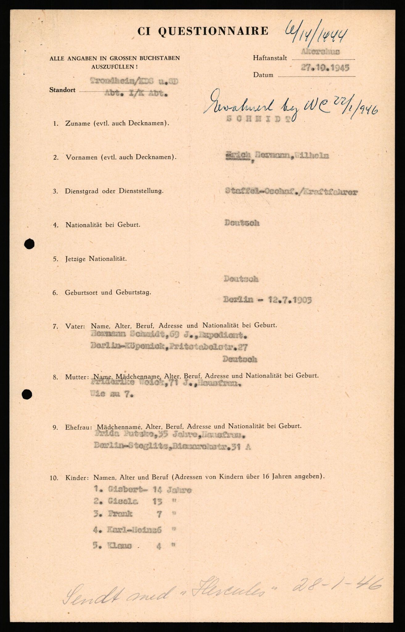 Forsvaret, Forsvarets overkommando II, RA/RAFA-3915/D/Db/L0029: CI Questionaires. Tyske okkupasjonsstyrker i Norge. Tyskere., 1945-1946, p. 383