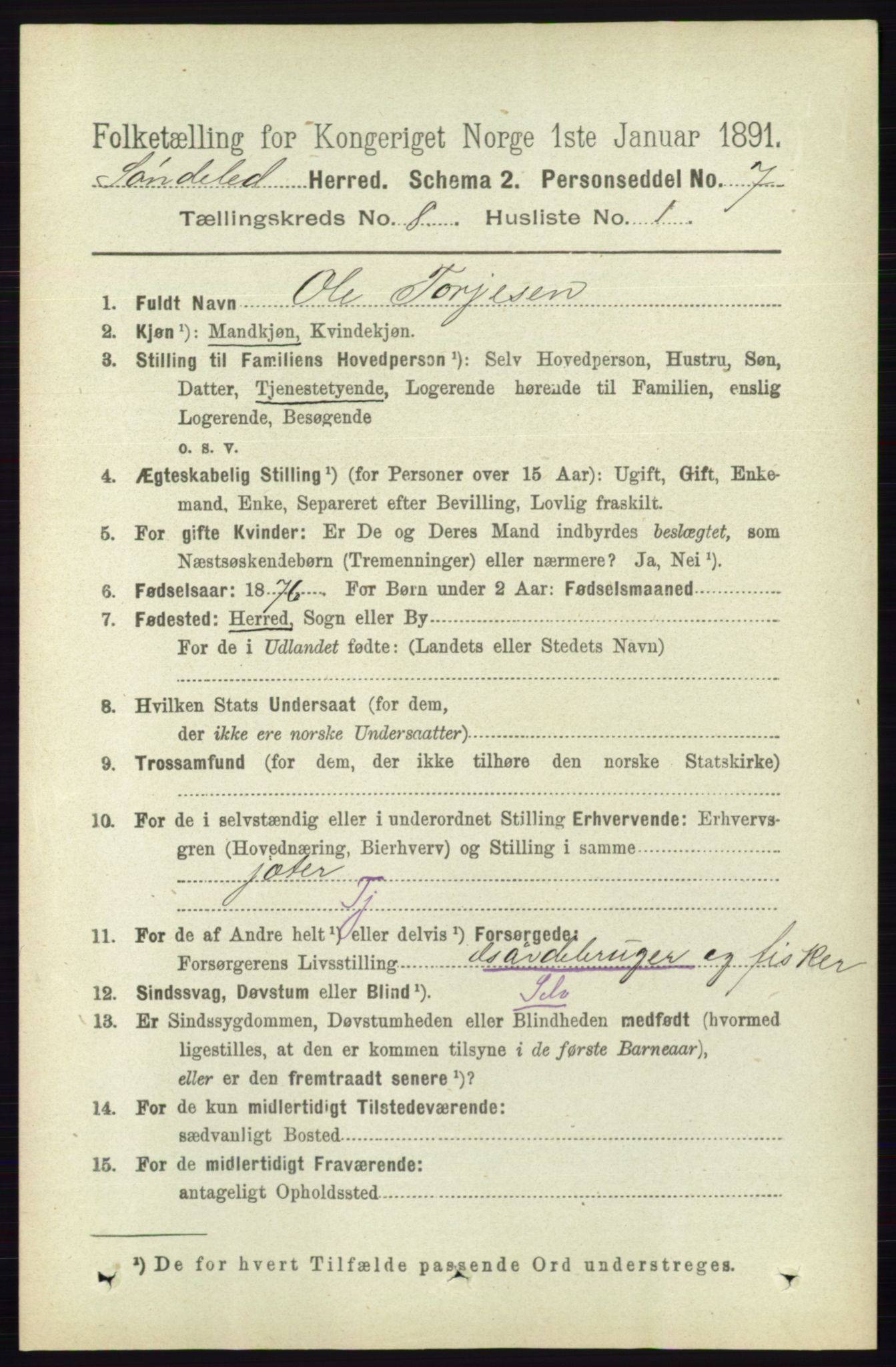 RA, 1891 census for 0913 Søndeled, 1891, p. 2577