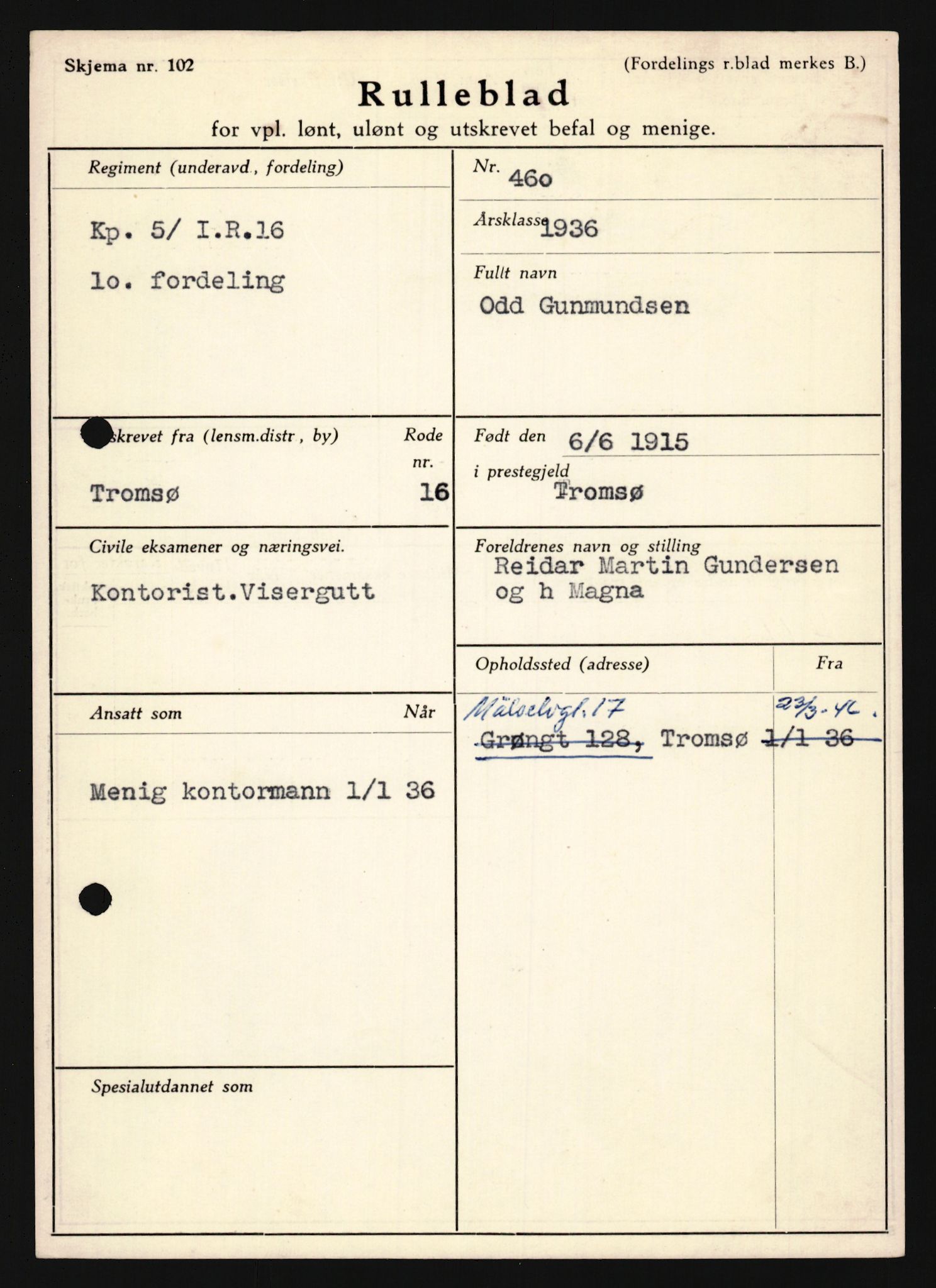 Forsvaret, Troms infanteriregiment nr. 16, AV/RA-RAFA-3146/P/Pa/L0020: Rulleblad for regimentets menige mannskaper, årsklasse 1936, 1936, p. 279