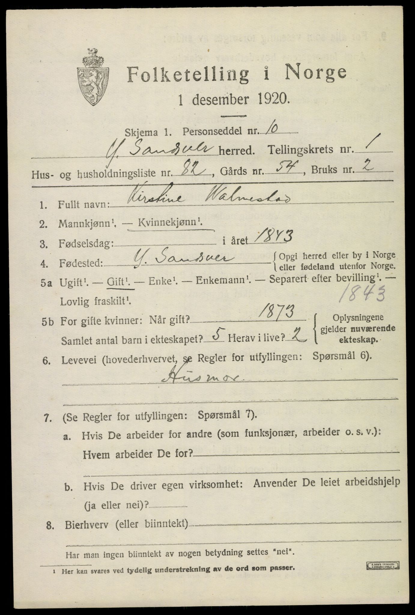 SAKO, 1920 census for Ytre Sandsvær, 1920, p. 2086